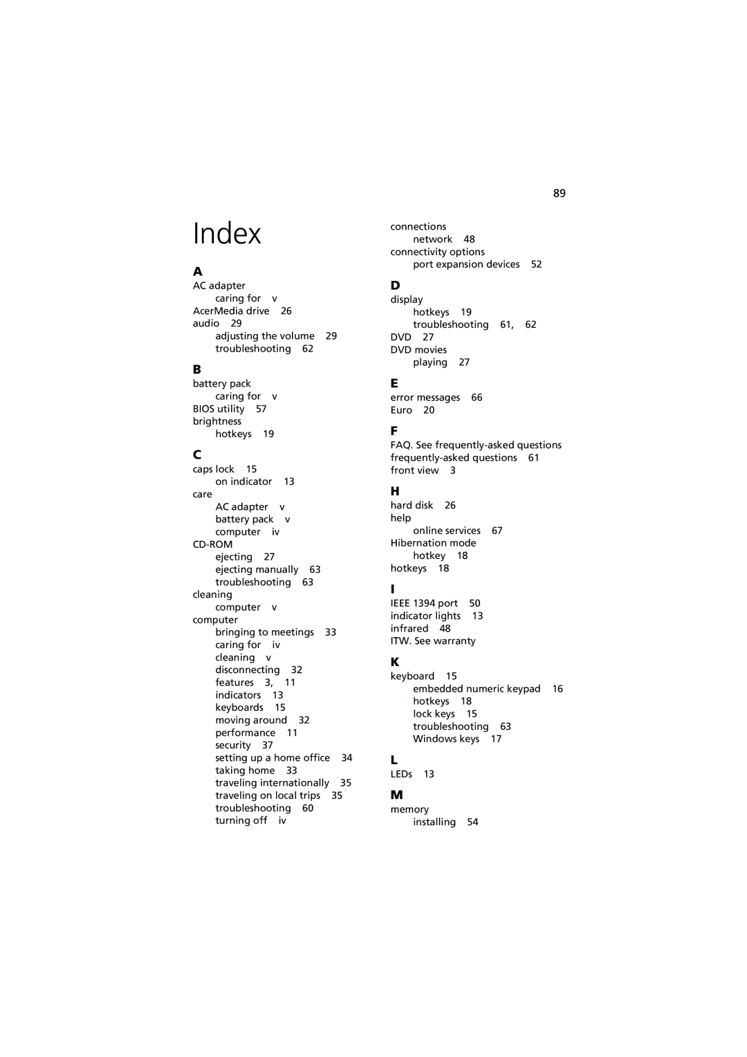 Acer 6000 Series manual Index 