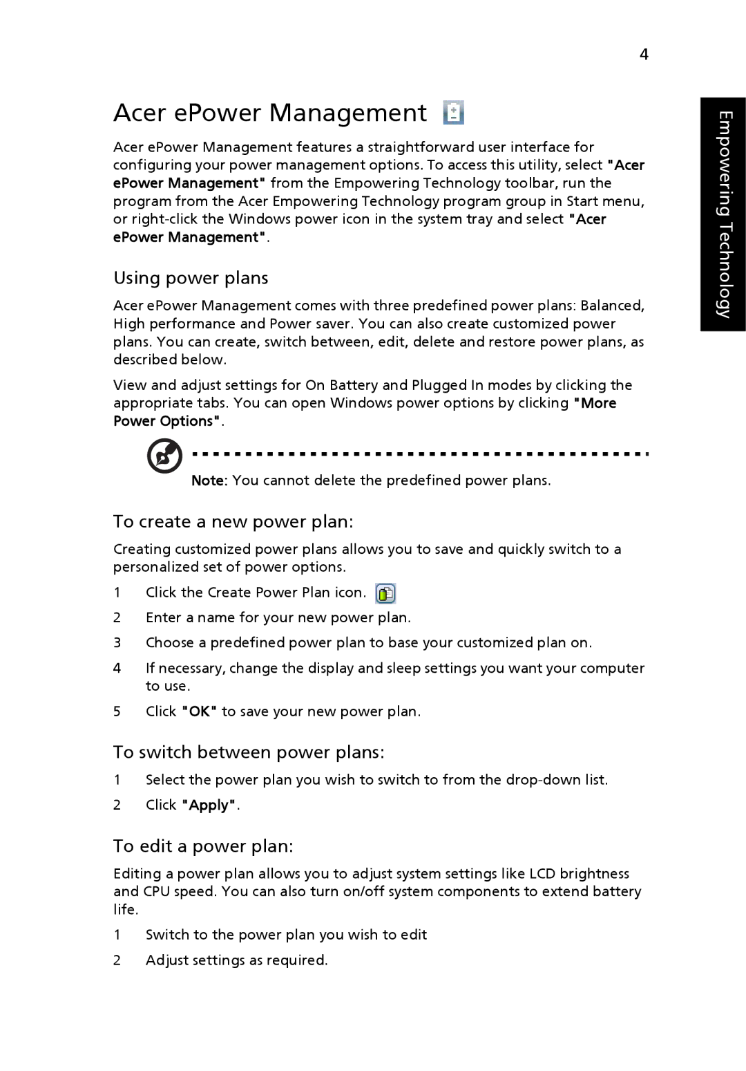 Acer 6231, 6292 manual Acer ePower Management, Using power plans, To create a new power plan, To switch between power plans 