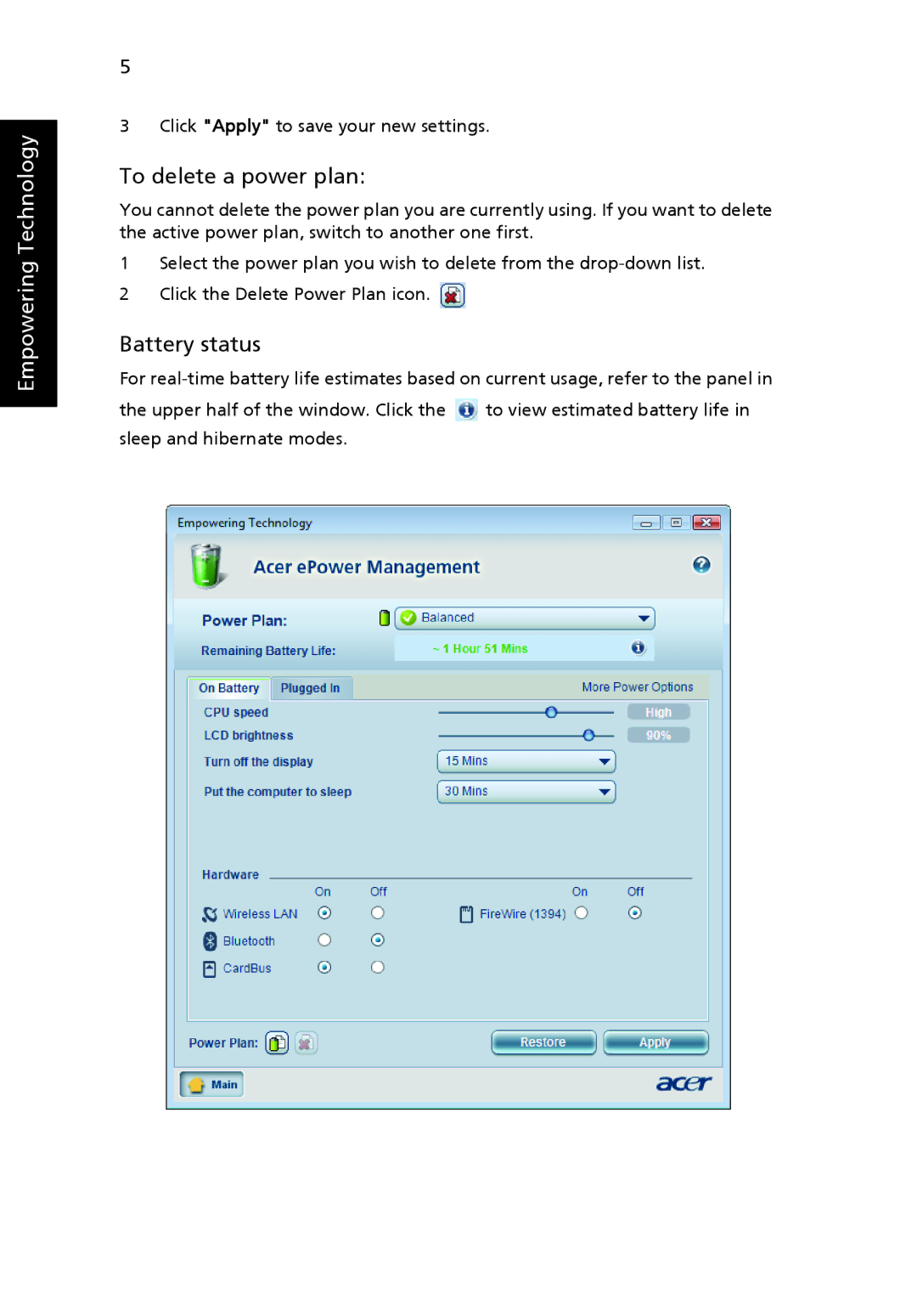 Acer 6292, 6231 manual To delete a power plan, Battery status 