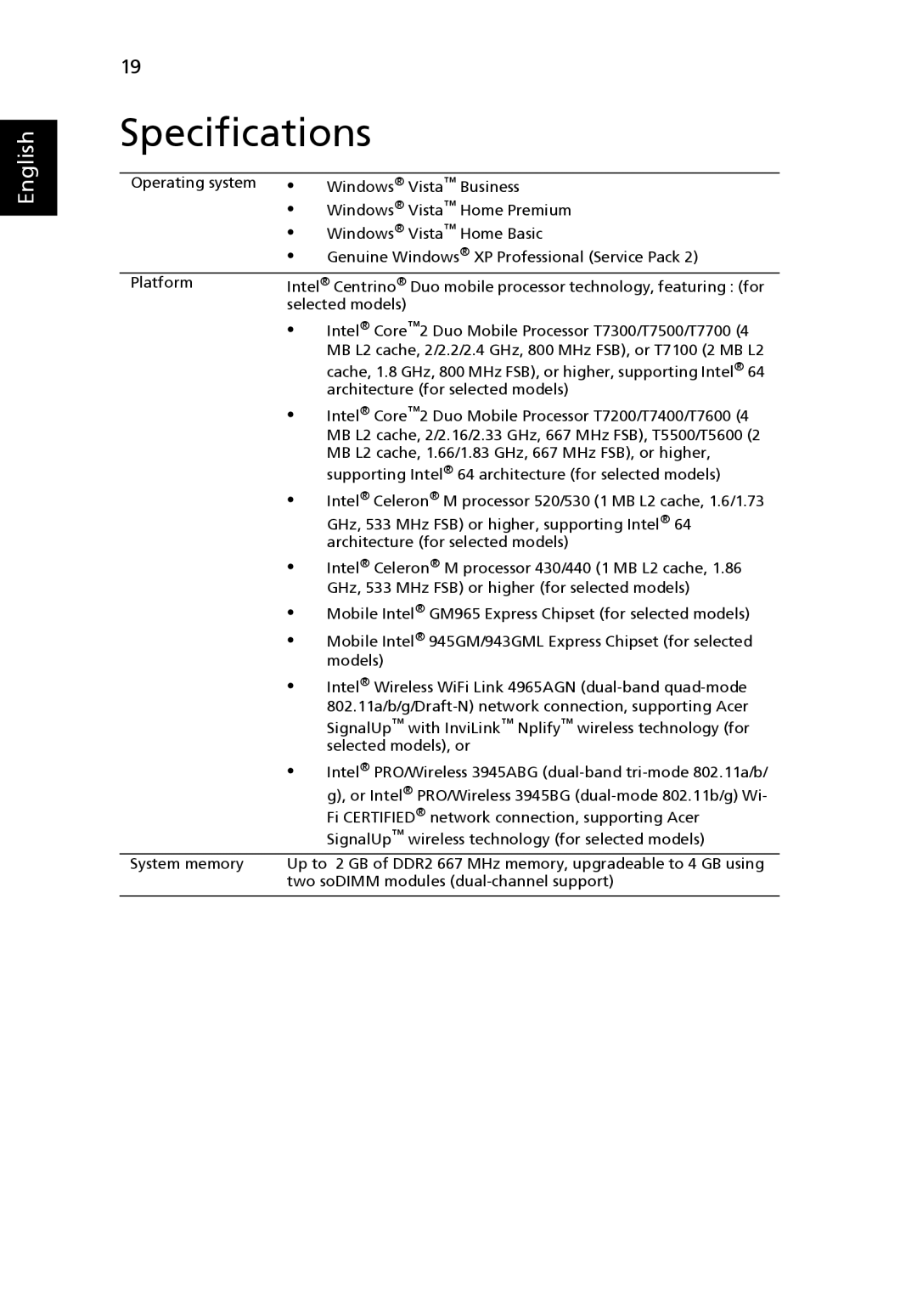 Acer 6292, 6231 manual Specifications 