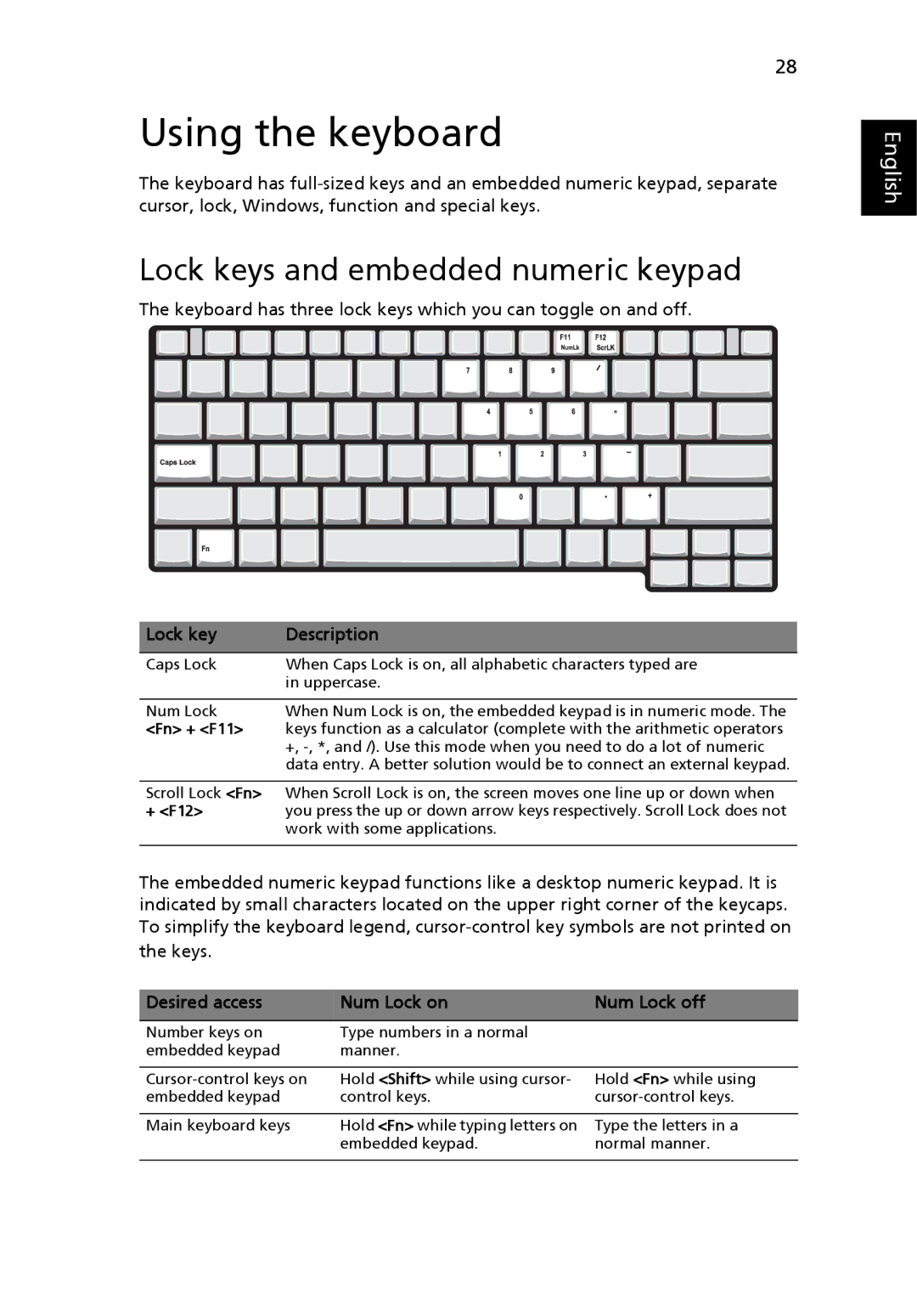 Acer 6231, 6292 manual Using the keyboard, Lock keys and embedded numeric keypad, Lock key Description 