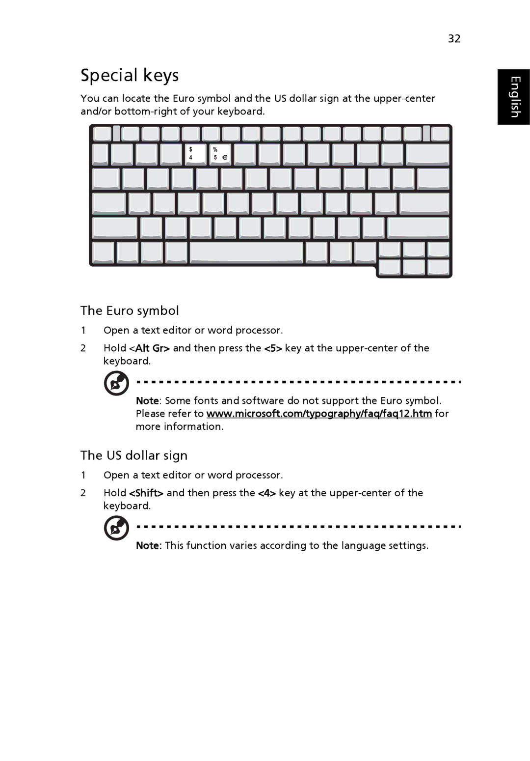 Acer 6231, 6292 manual Special keys, Euro symbol, US dollar sign 