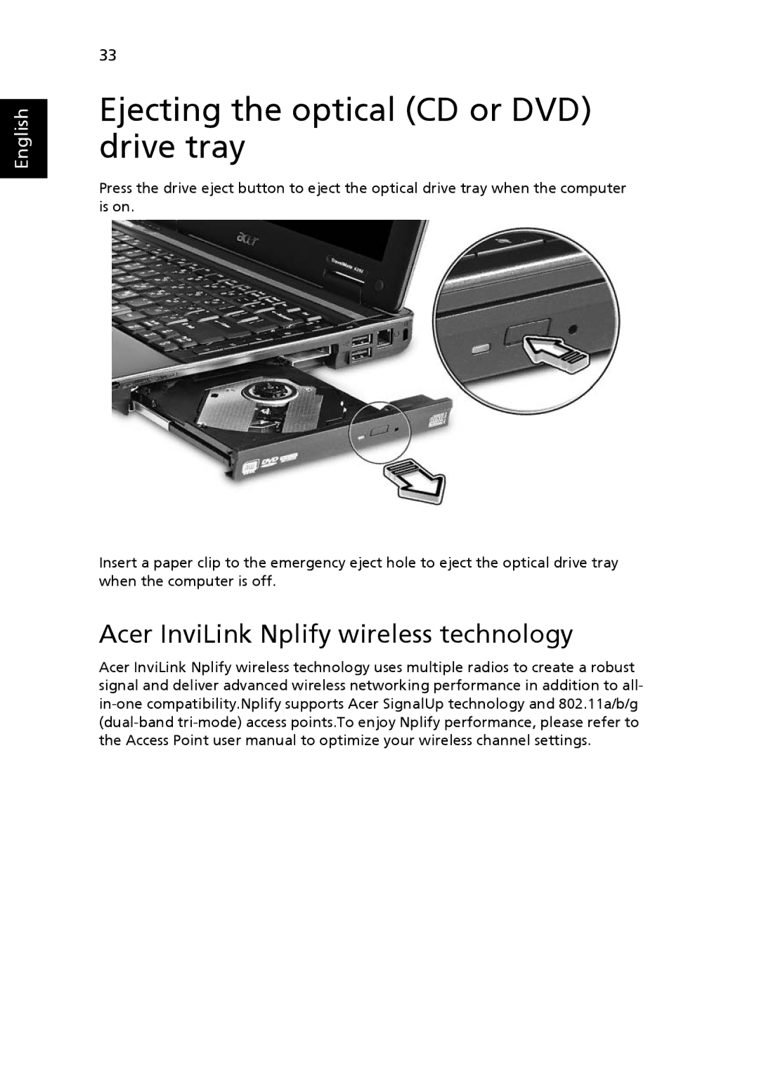 Acer 6292, 6231 manual Ejecting the optical CD or DVD drive tray, Acer InviLink Nplify wireless technology 