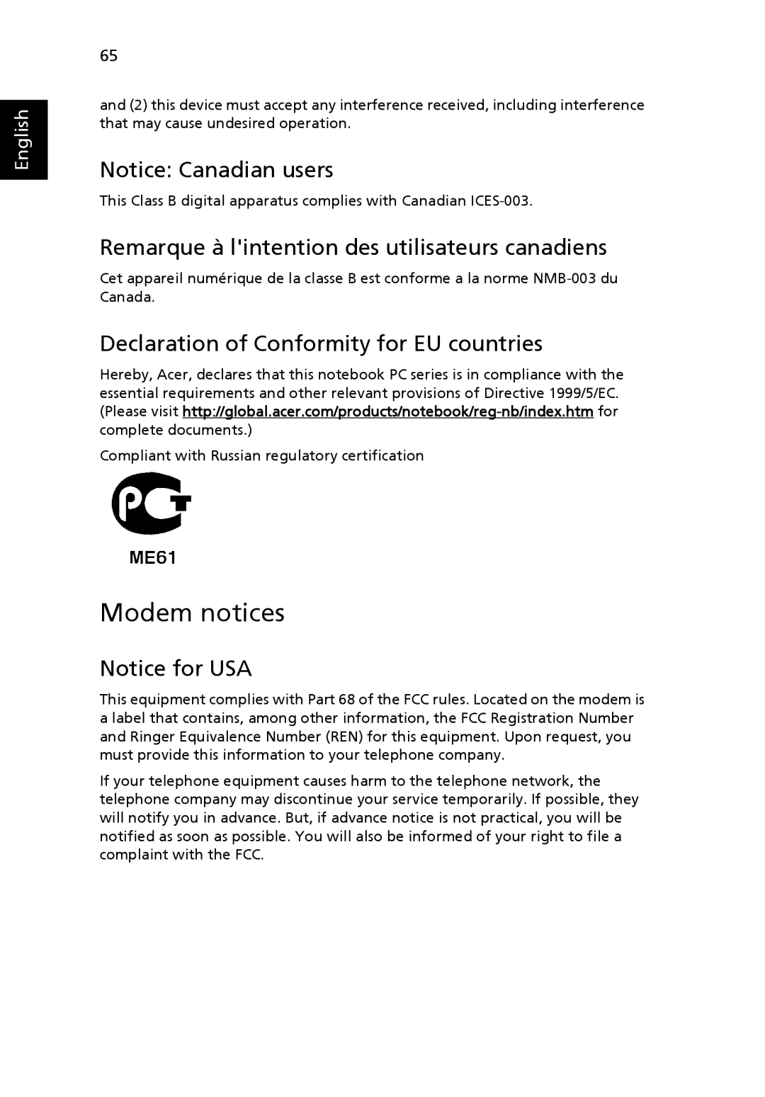 Acer 6292 Modem notices, Remarque à lintention des utilisateurs canadiens, Declaration of Conformity for EU countries 