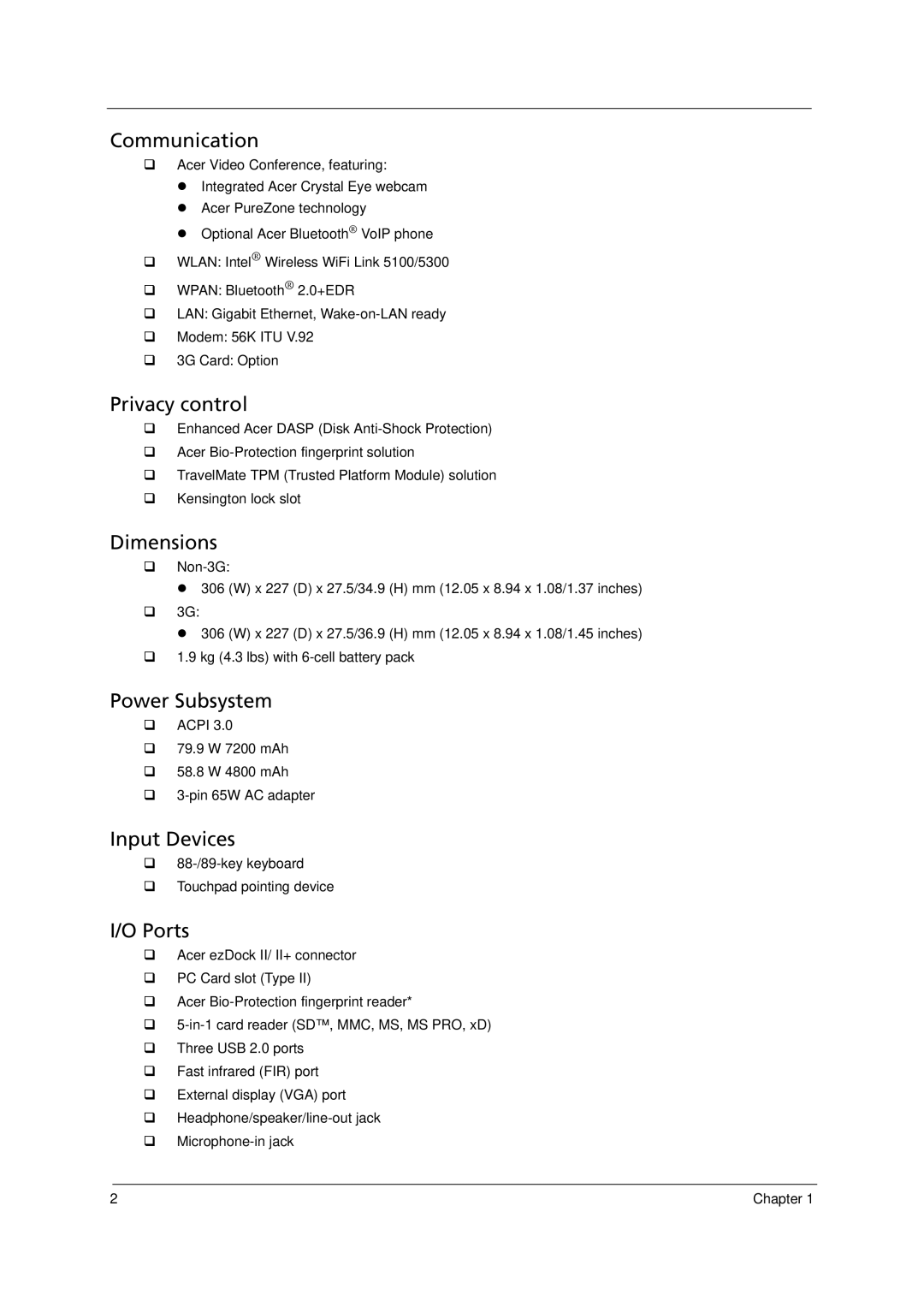 Acer 6293 manual Power Subsystem 