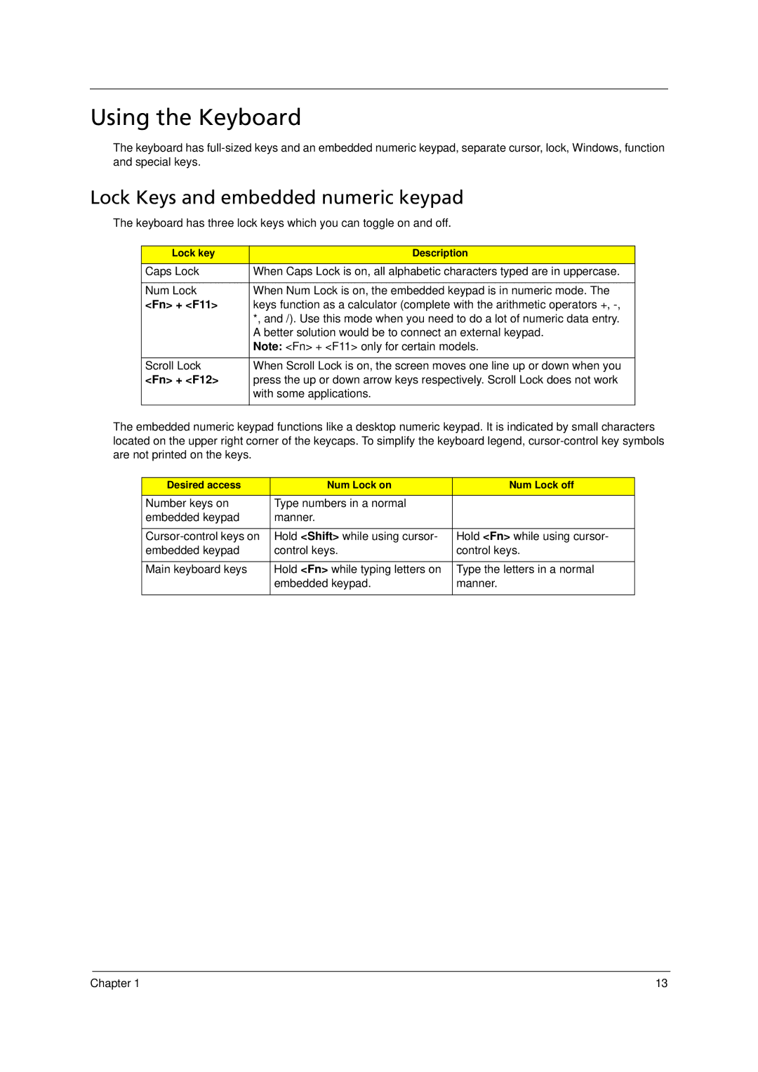 Acer 6293 manual Using the Keyboard, Lock Keys and embedded numeric keypad 