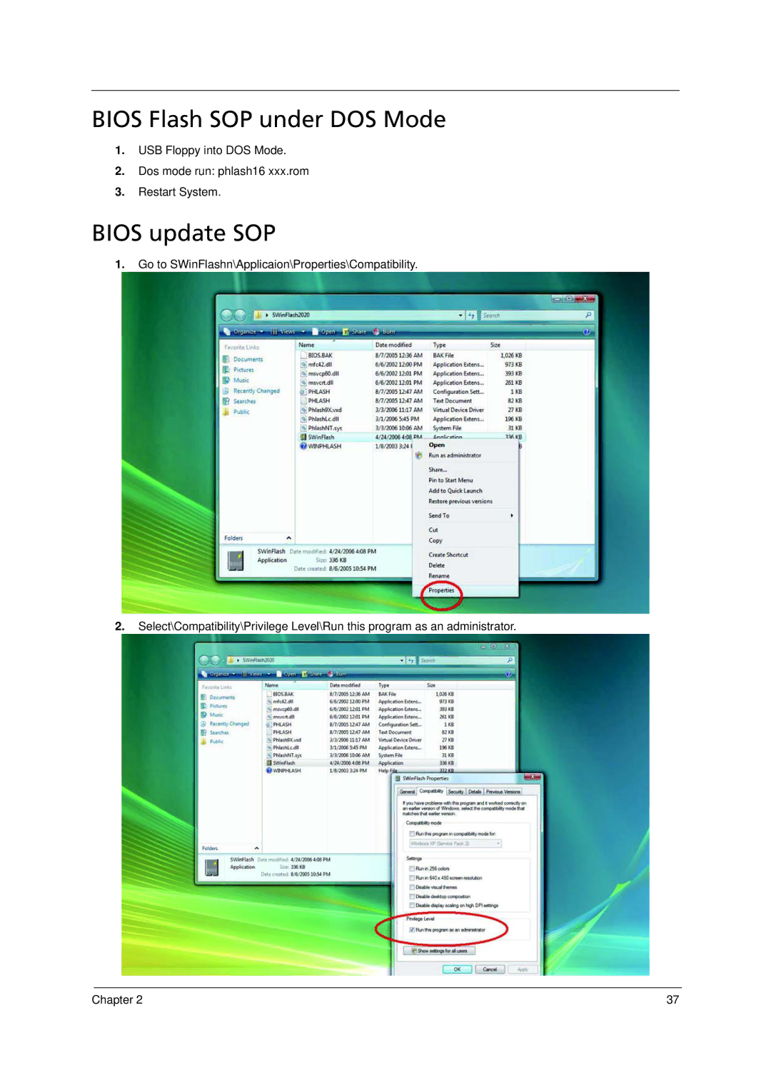 Acer 6293 manual Bios Flash SOP under DOS Mode, Bios update SOP 