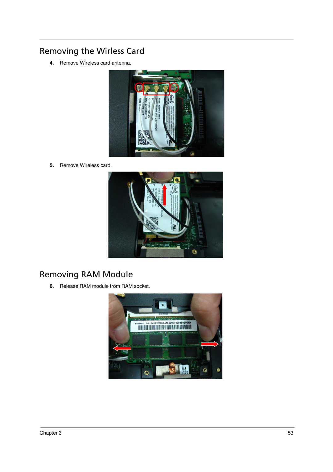 Acer 6293 manual Removing the Wirless Card, Removing RAM Module 