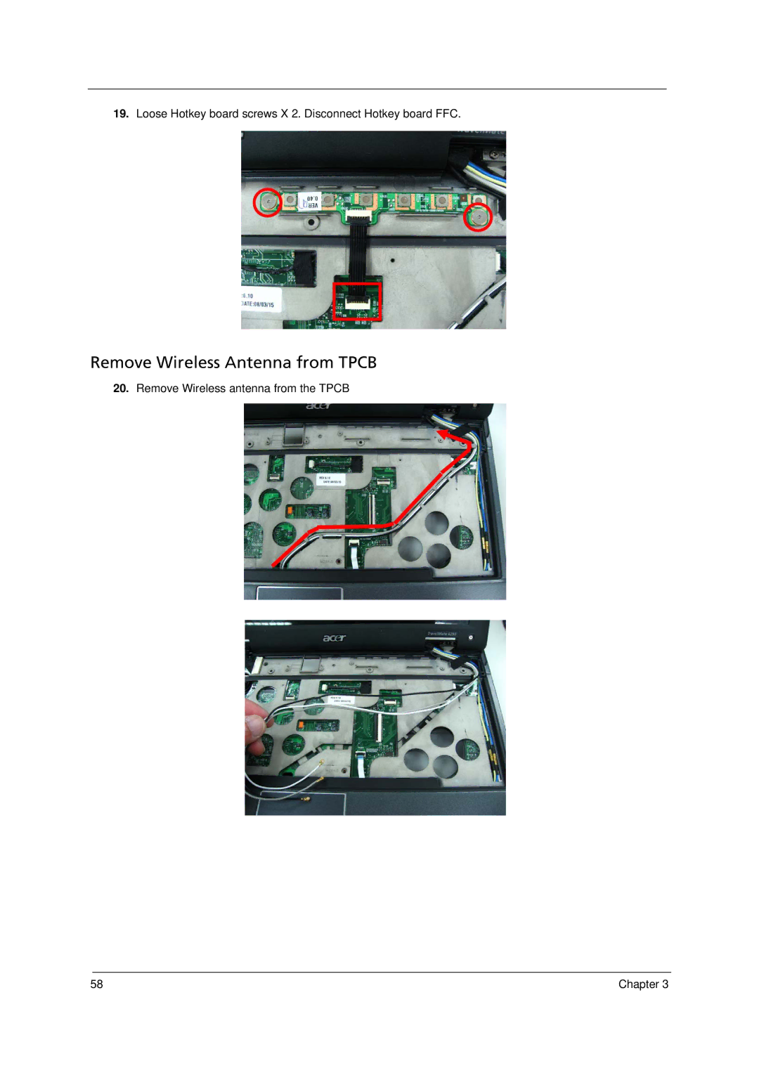 Acer 6293 manual Remove Wireless Antenna from Tpcb 