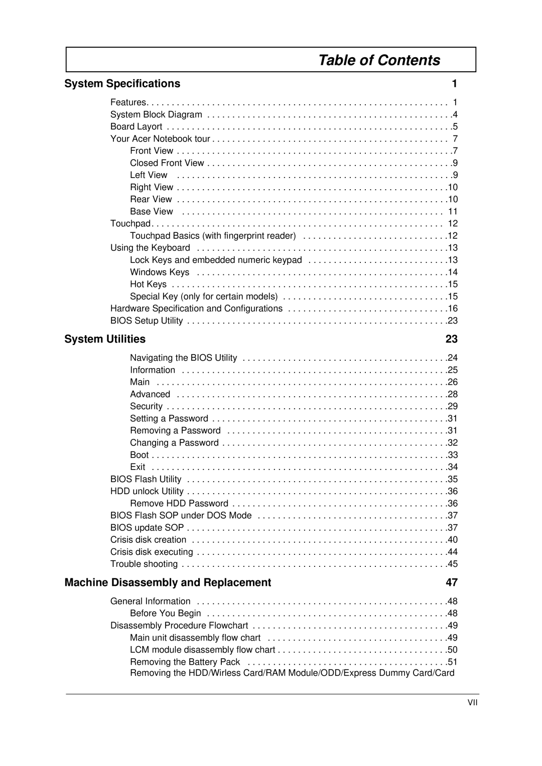 Acer 6293 manual Table of Contents 