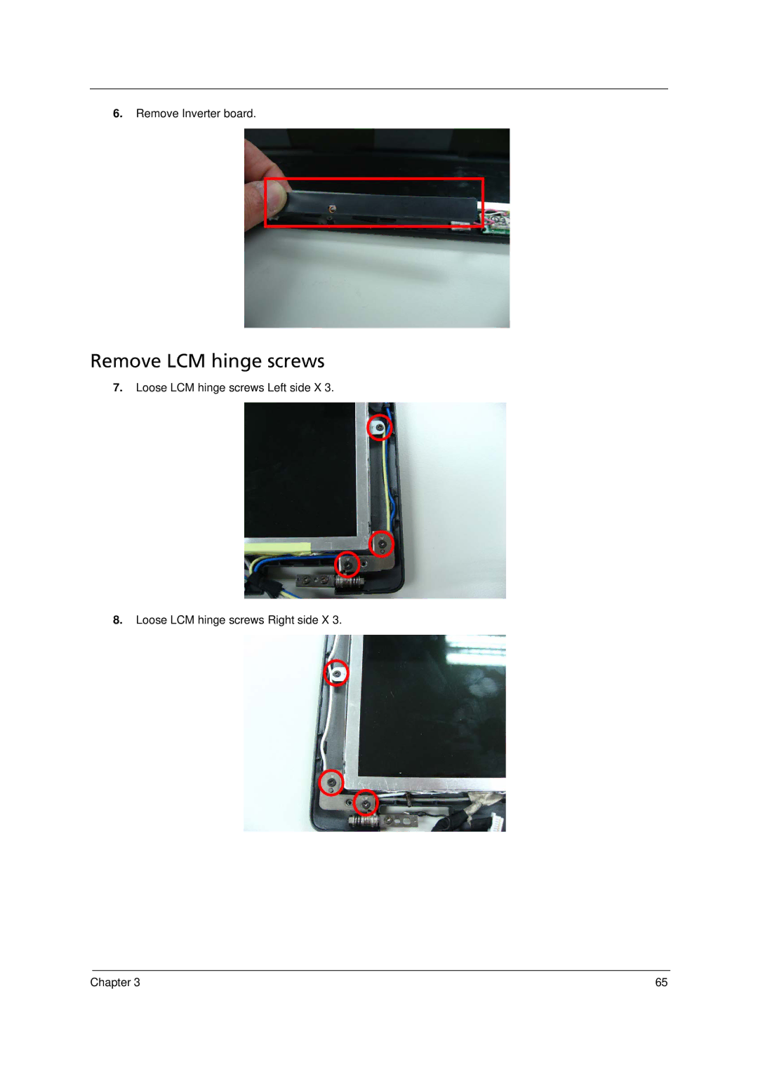 Acer 6293 manual Remove LCM hinge screws 