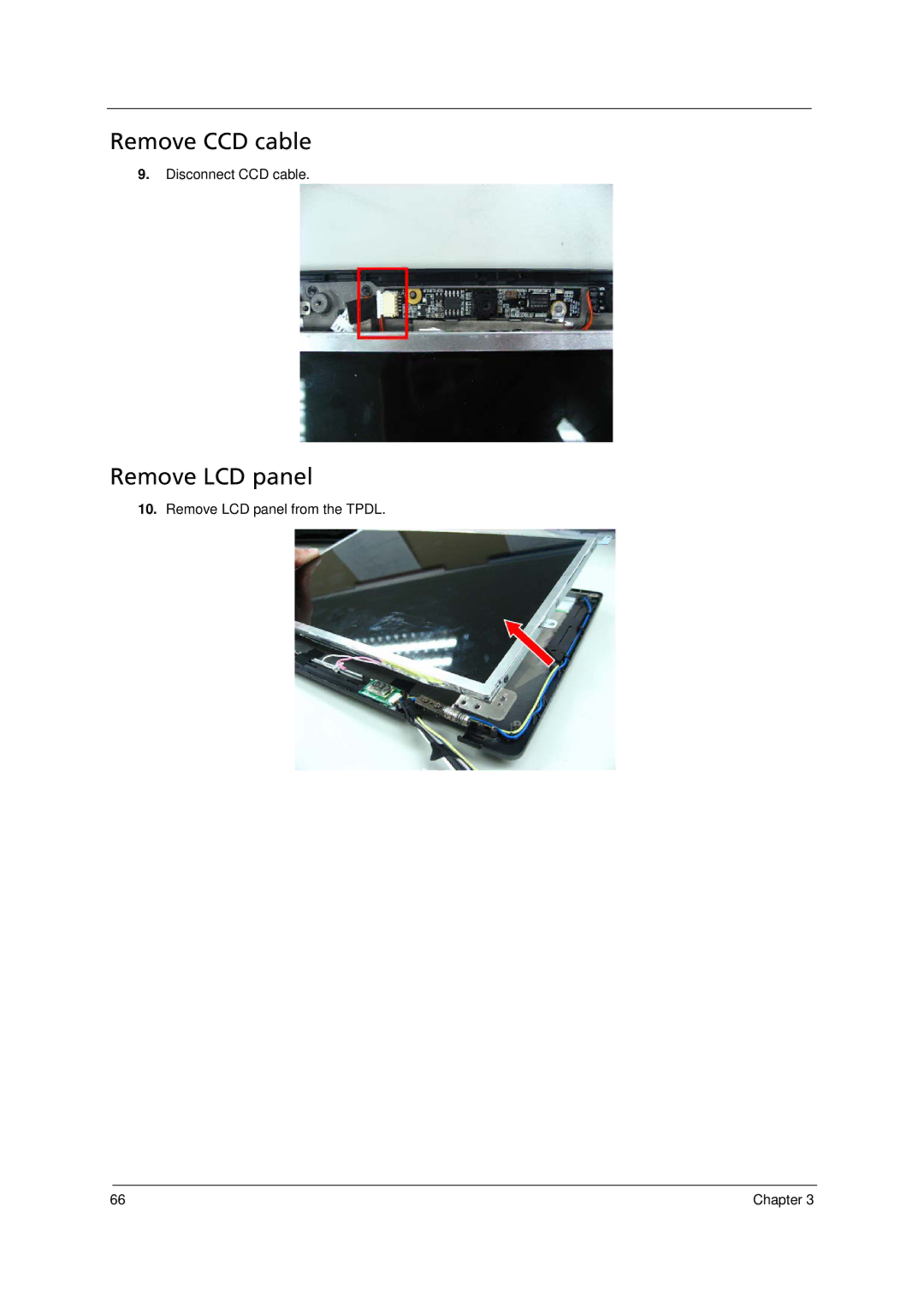 Acer 6293 manual Remove CCD cable, Remove LCD panel 