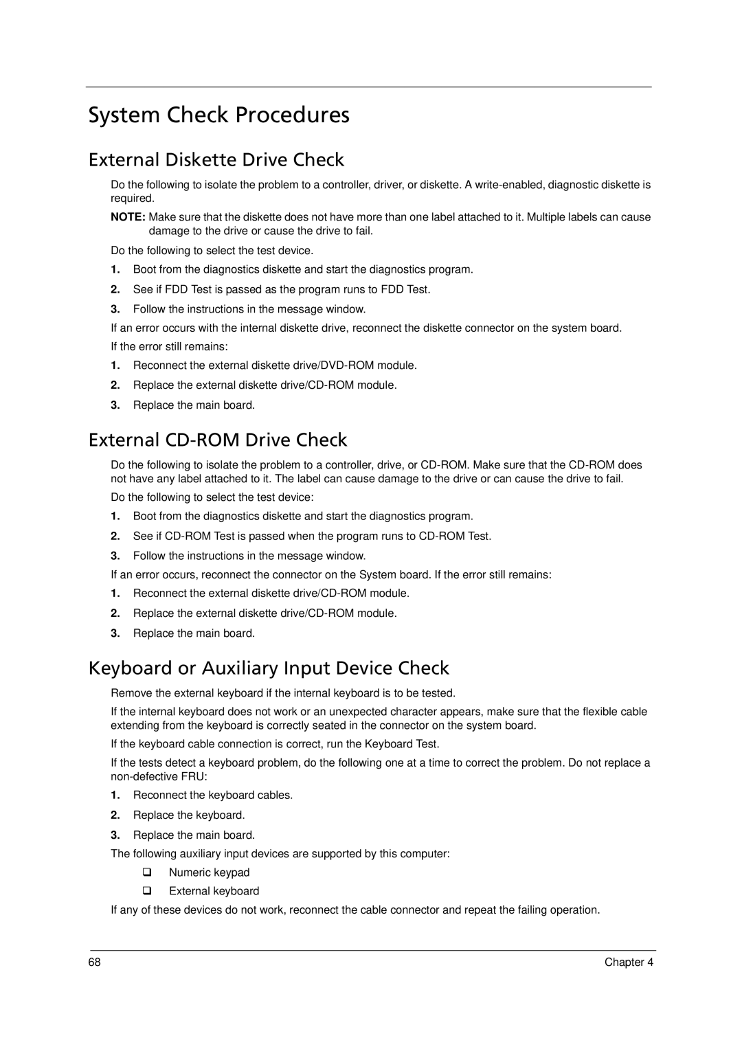 Acer 6293 manual System Check Procedures, External Diskette Drive Check, External CD-ROM Drive Check 