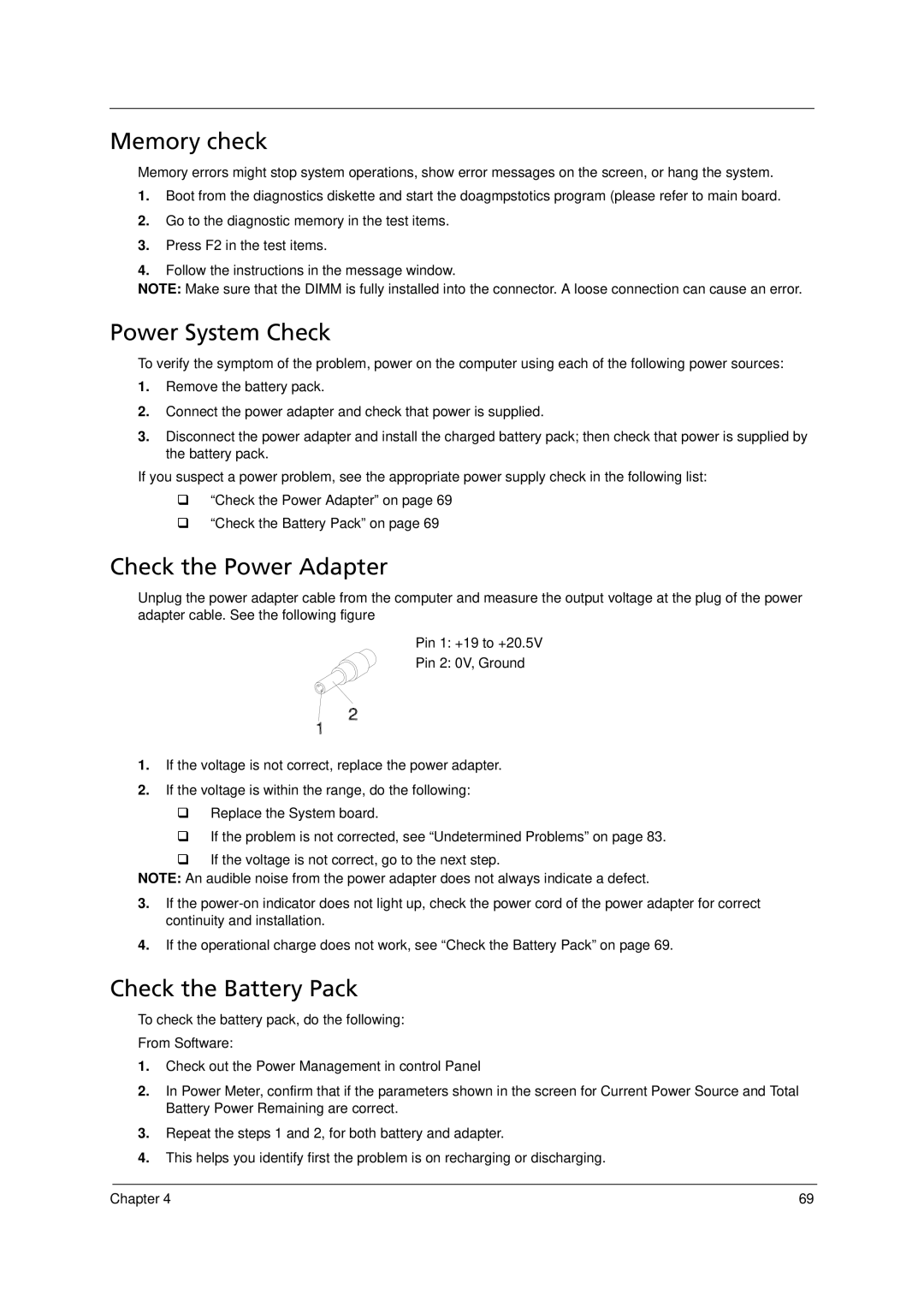 Acer 6293 manual Memory check, Power System Check, Check the Power Adapter, Check the Battery Pack 