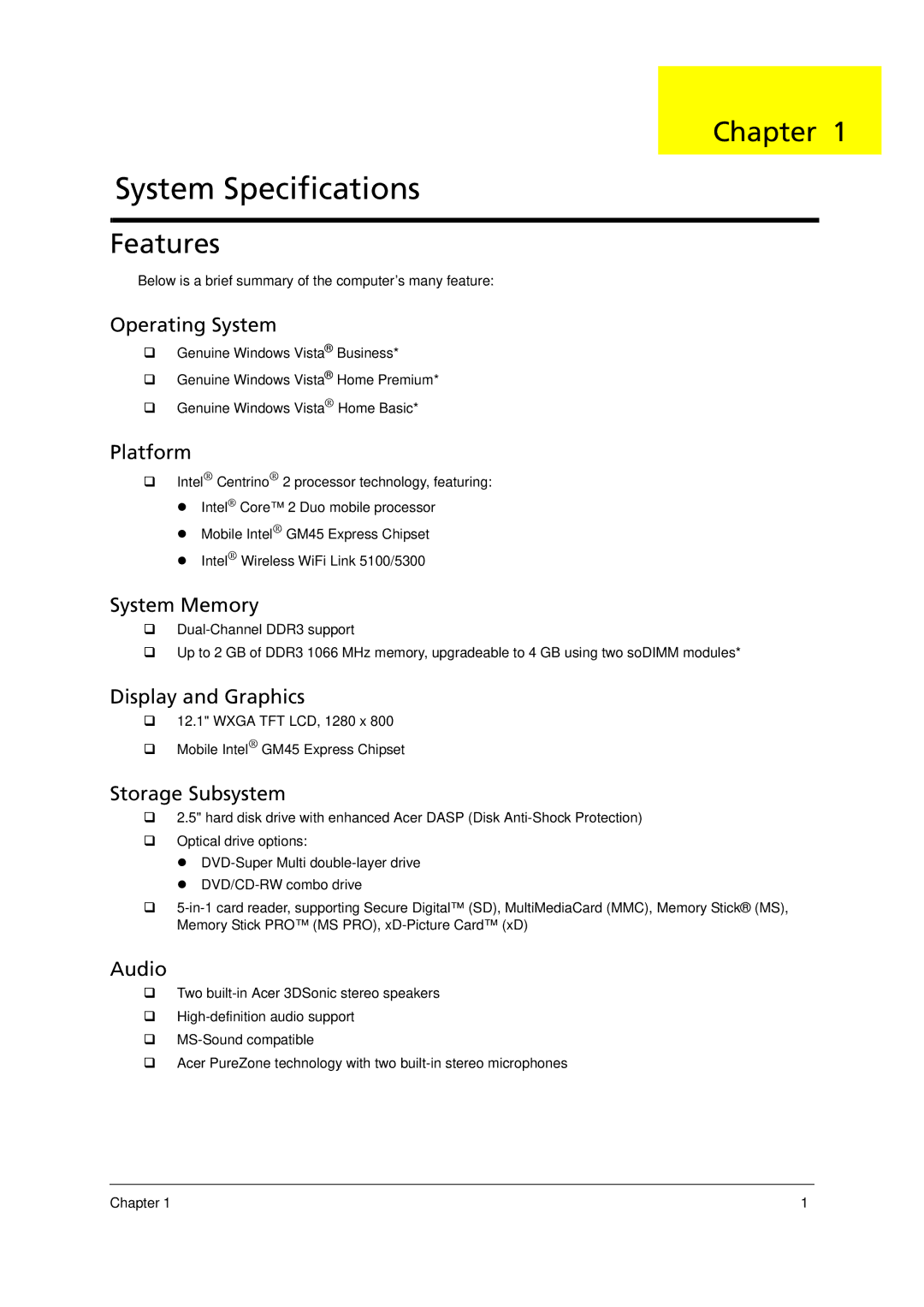 Acer 6293 manual Chapter, Features 