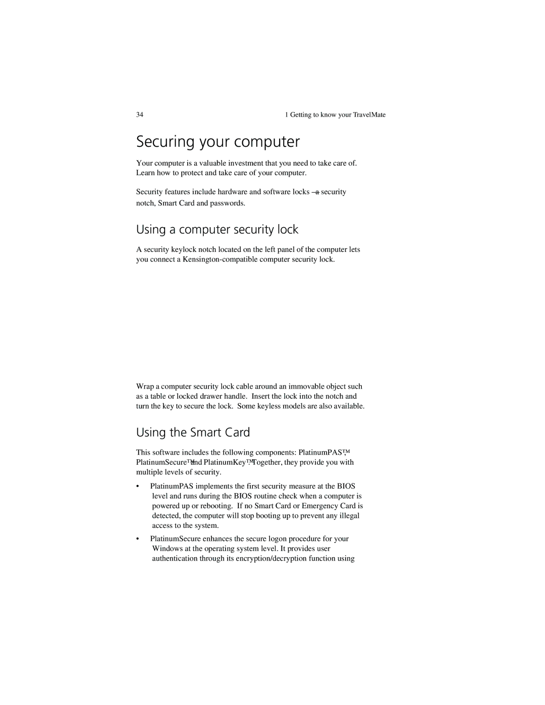 Acer 630 series manual Securing your computer, Using a computer security lock, Using the Smart Card 