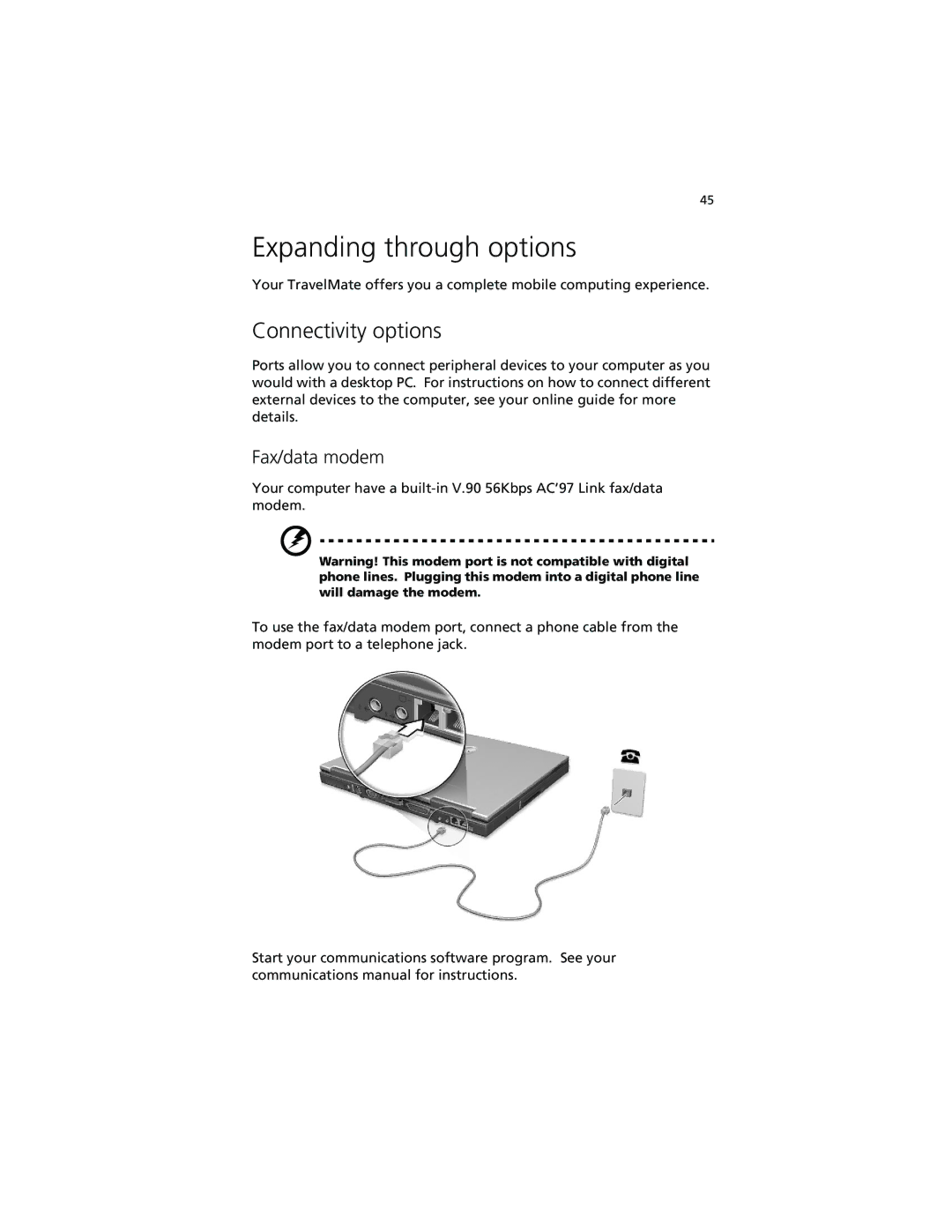 Acer 630 series manual Expanding through options, Connectivity options, Fax/data modem 