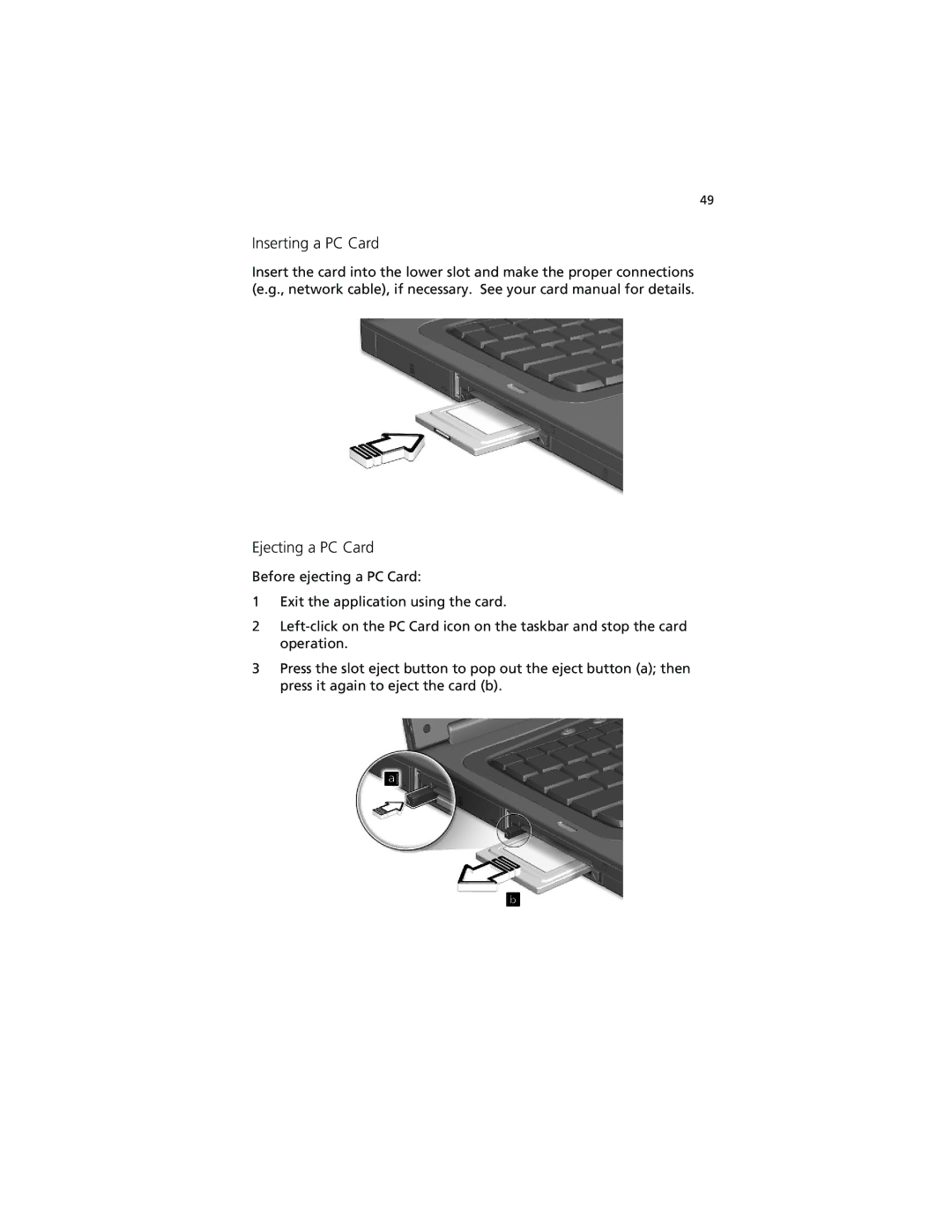 Acer 630 series manual Inserting a PC Card, Ejecting a PC Card 