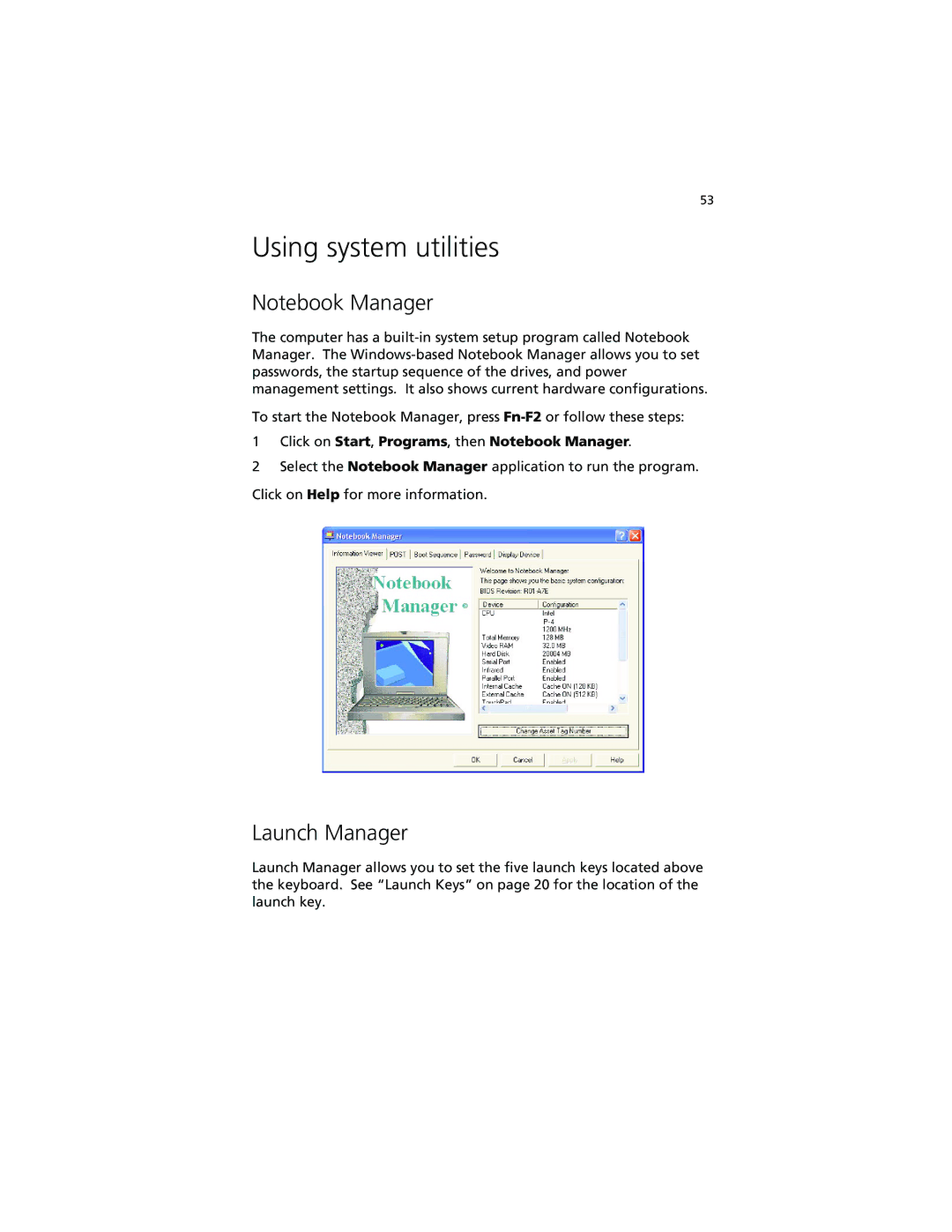 Acer 630 series manual Using system utilities, Launch Manager 