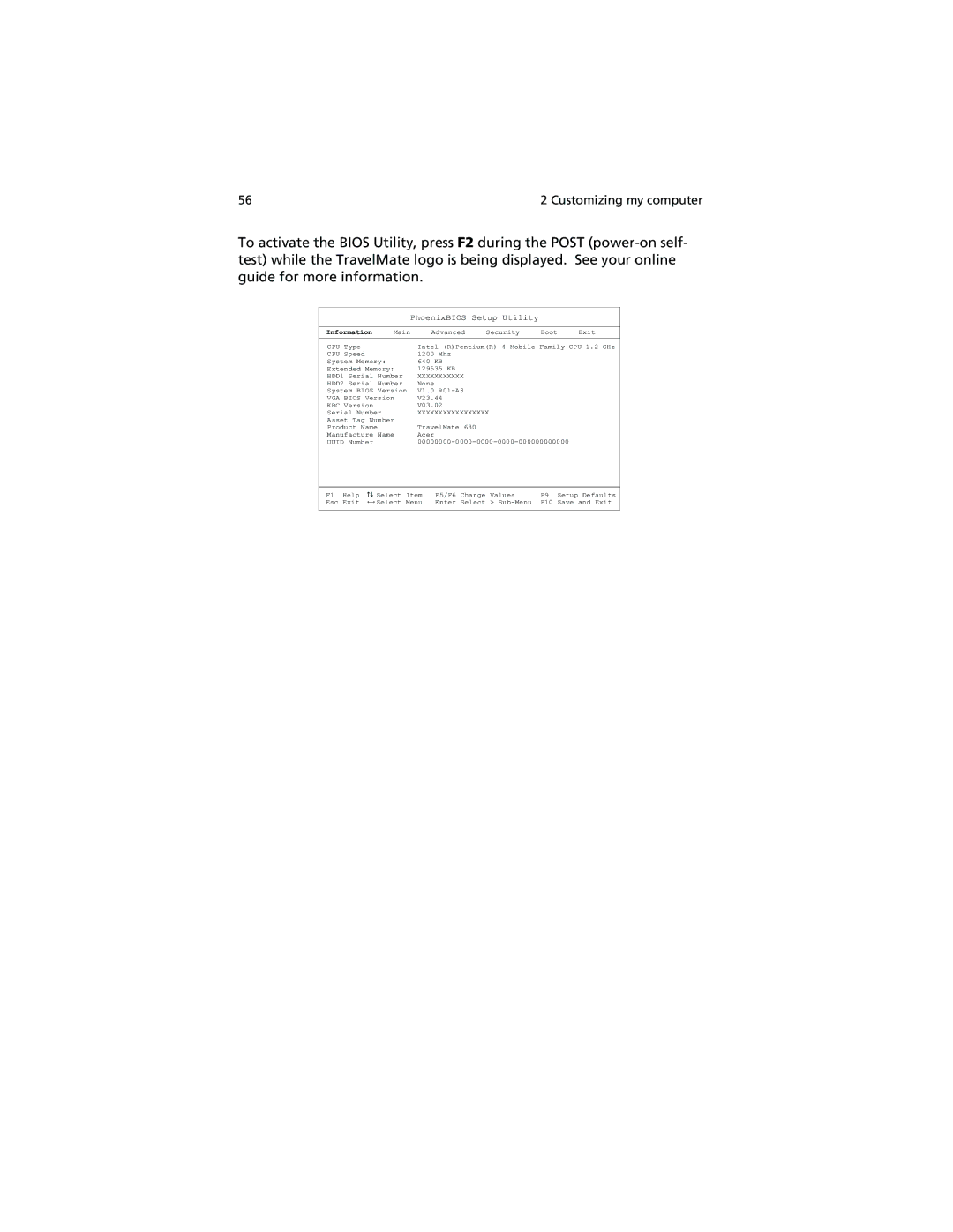 Acer 630 series manual PhoenixBIOS Setup Utility 