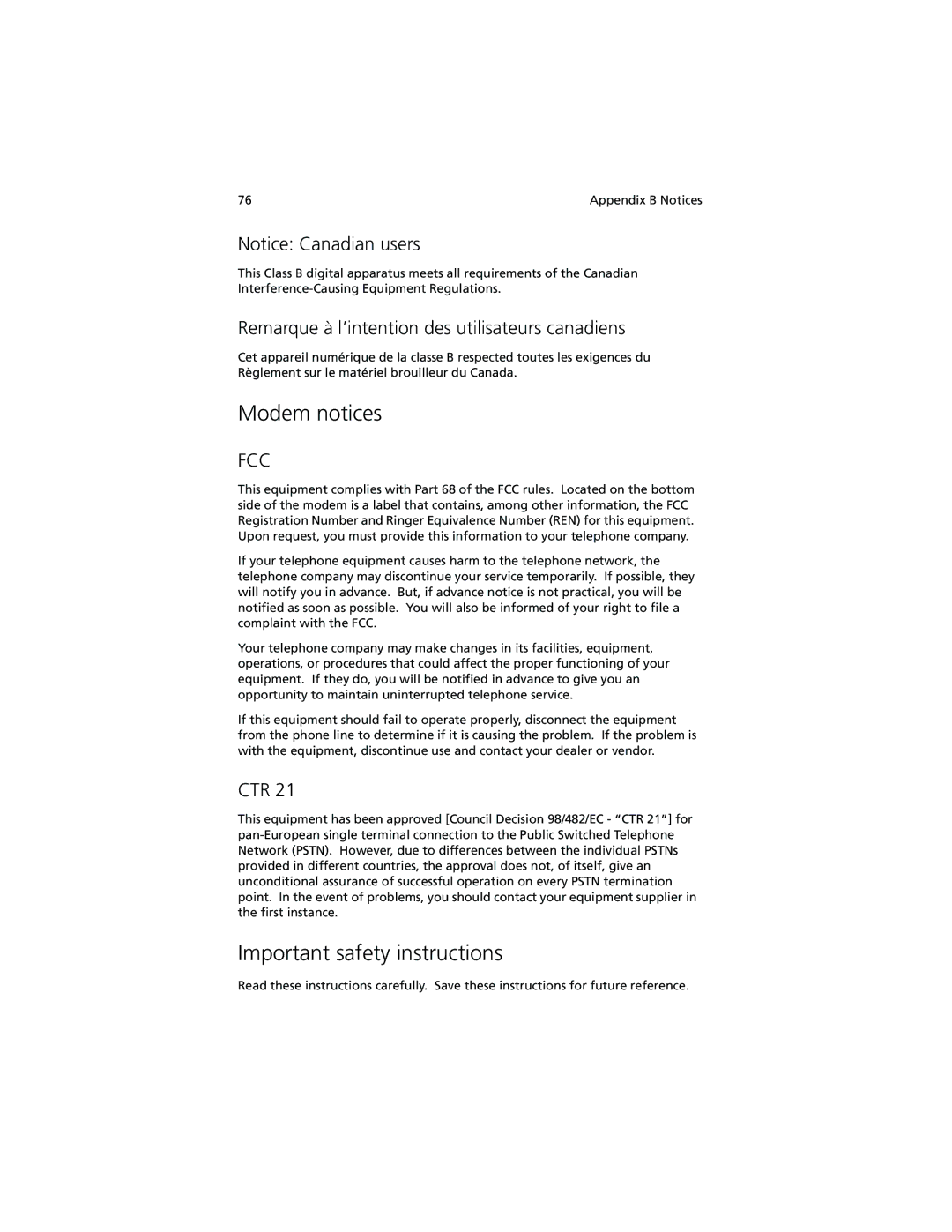 Acer 630 series manual Modem notices, Important safety instructions, Remarque à l’intention des utilisateurs canadiens, Ctr 