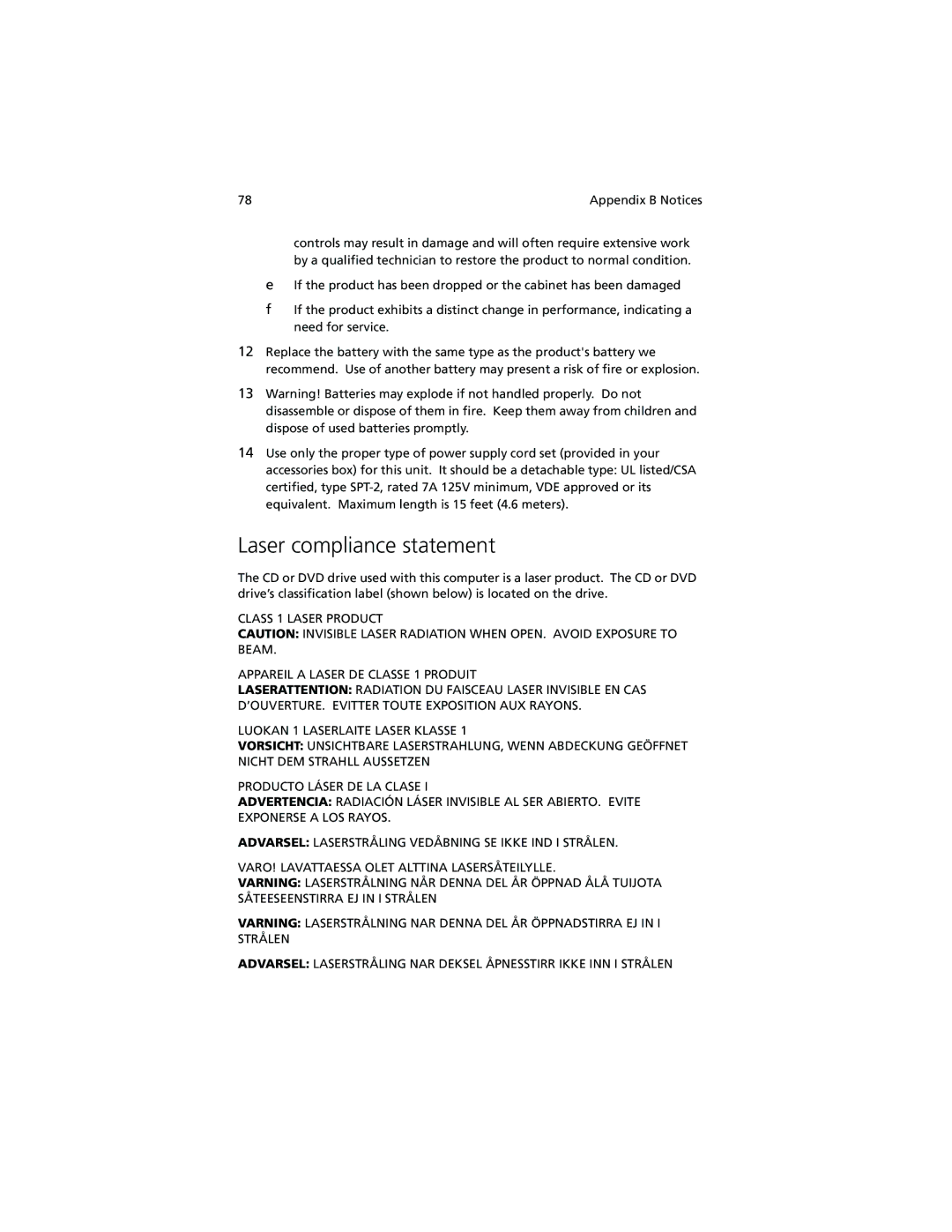 Acer 630 series manual Laser compliance statement 