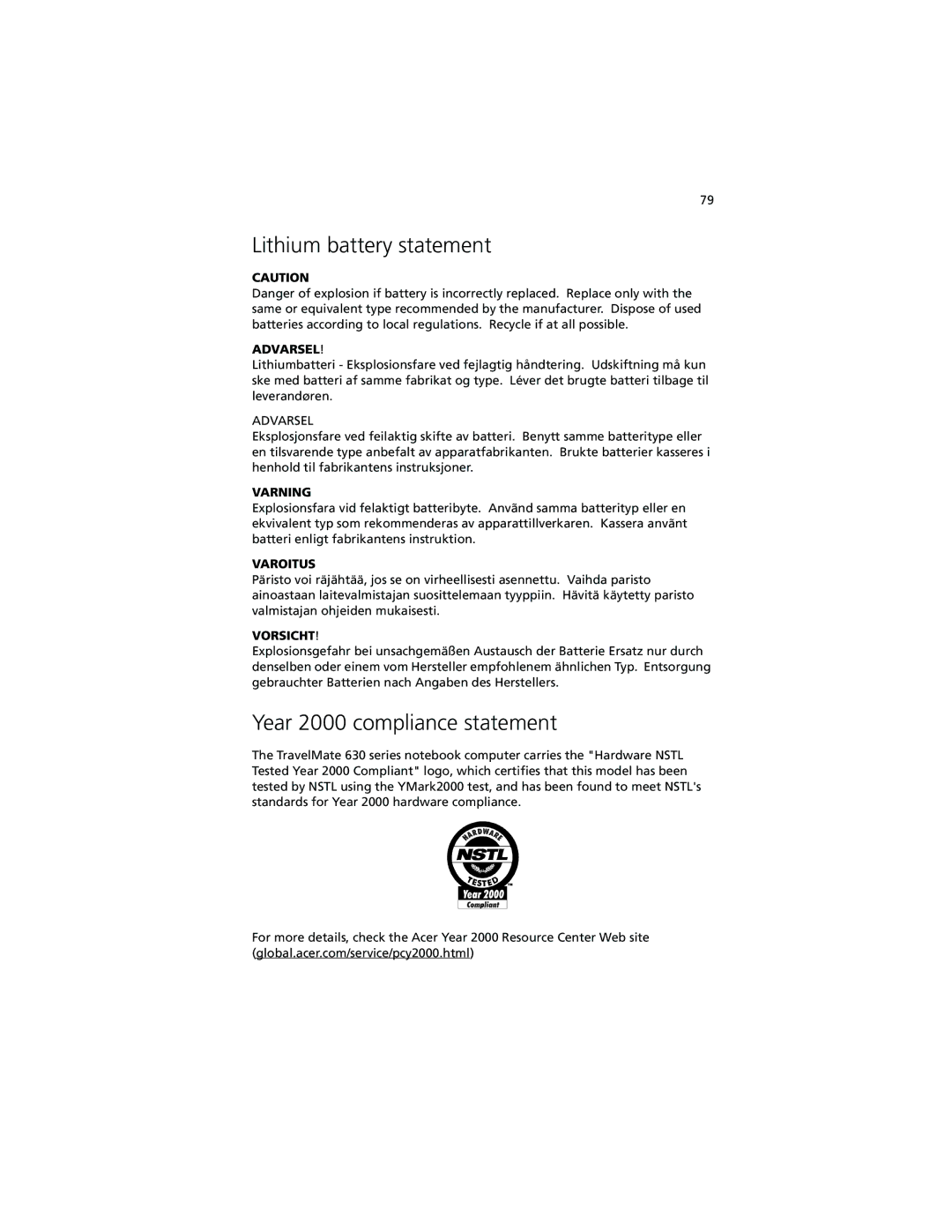 Acer 630 series manual Lithium battery statement, Year 2000 compliance statement 