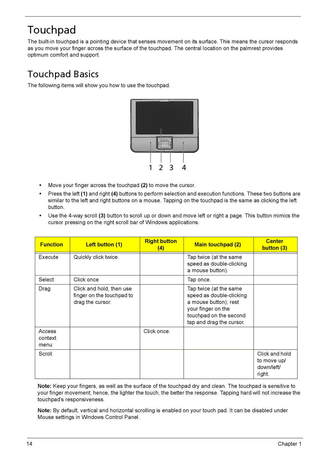 Acer 6410, 6460 manual Touchpad Basics 