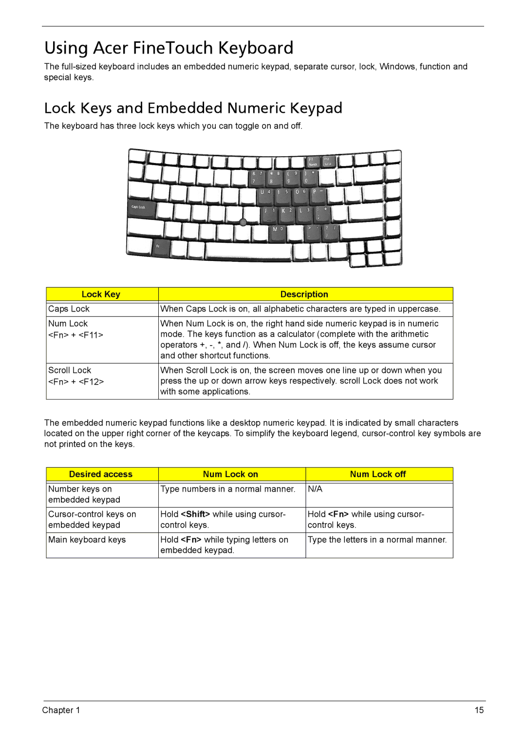 Acer 6460, 6410 manual Using Acer FineTouch Keyboard, Lock Keys and Embedded Numeric Keypad, Lock Key Description 