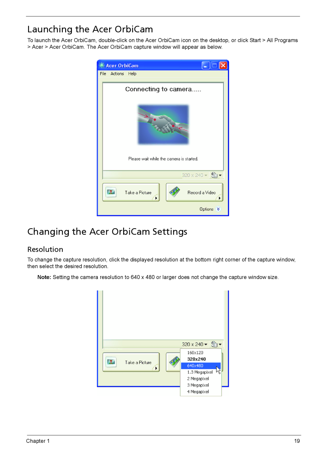 Acer 6460, 6410 manual Launching the Acer OrbiCam, Changing the Acer OrbiCam Settings, Resolution 