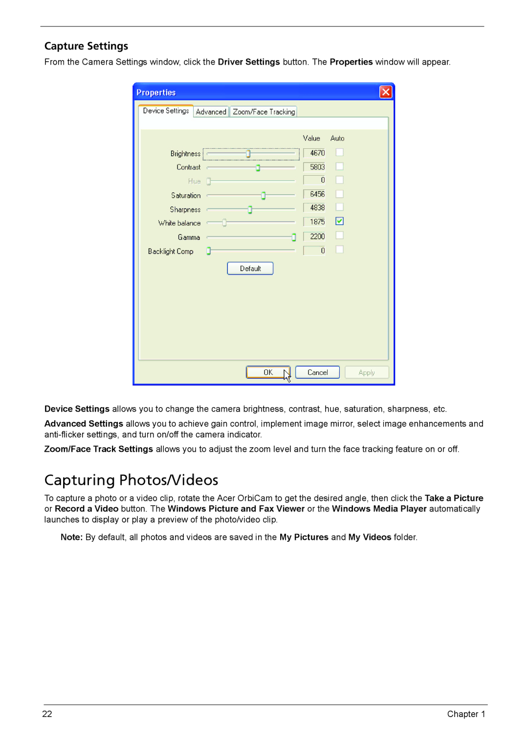 Acer 6410, 6460 manual Capturing Photos/Videos, Capture Settings 