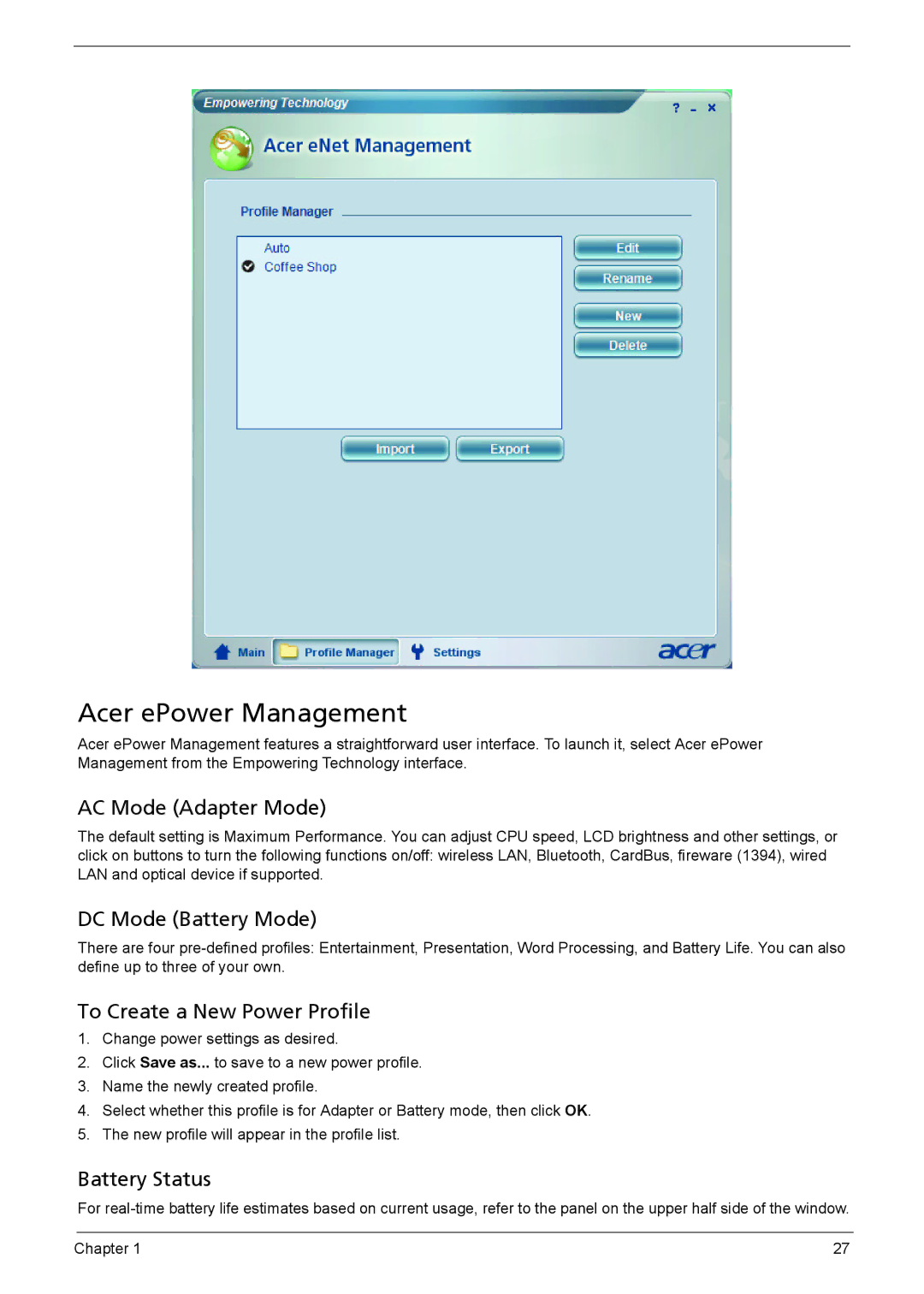 Acer 6460, 6410 manual Acer ePower Management, AC Mode Adapter Mode, DC Mode Battery Mode, To Create a New Power Profile 