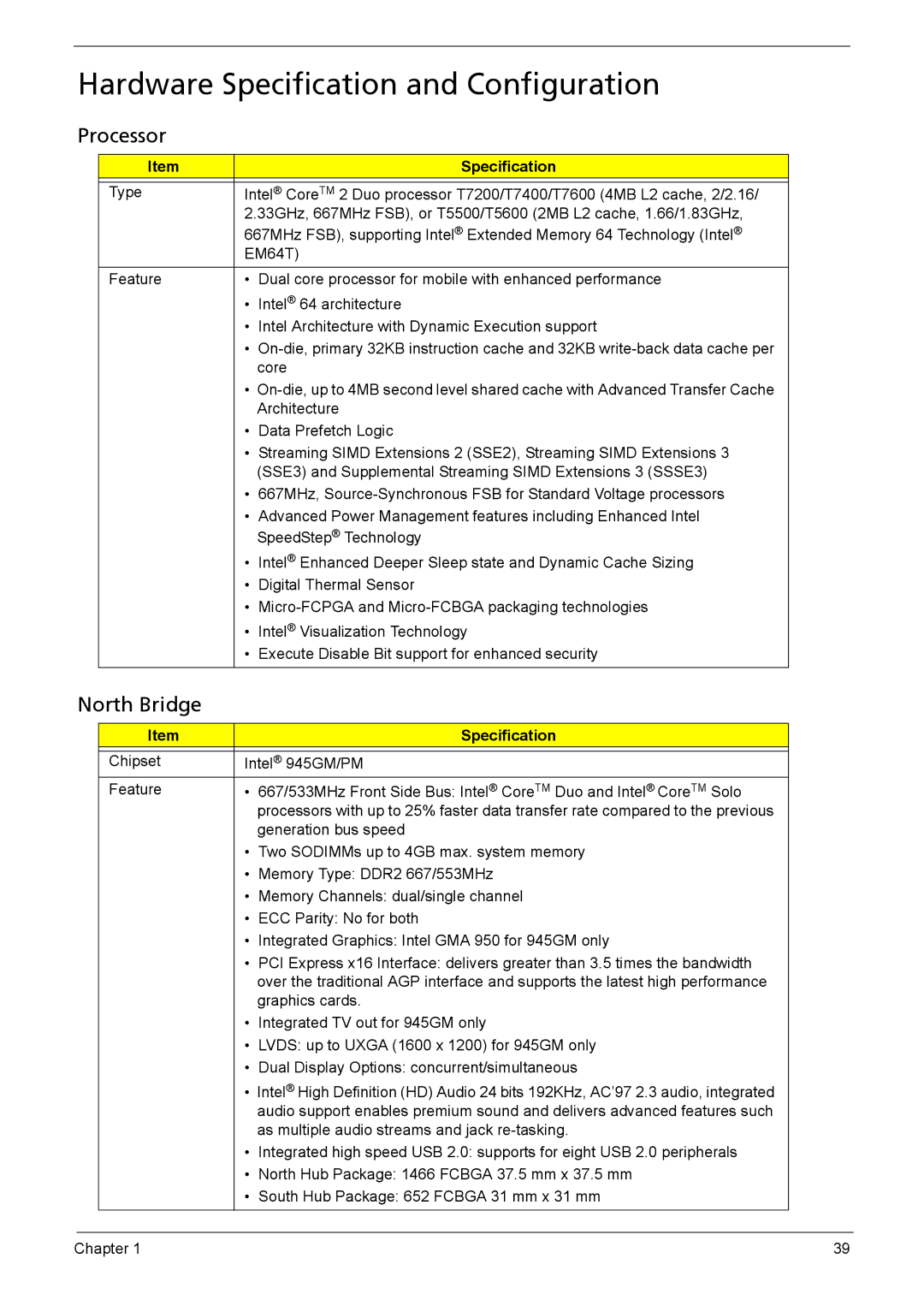 Acer 6460, 6410 manual Hardware Specification and Configuration, Processor, North Bridge 