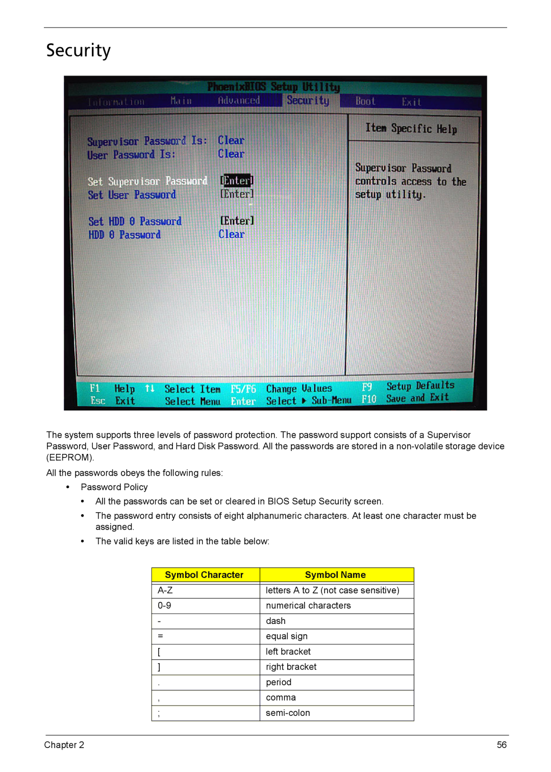 Acer 6410, 6460 manual Security, Symbol Character Symbol Name 