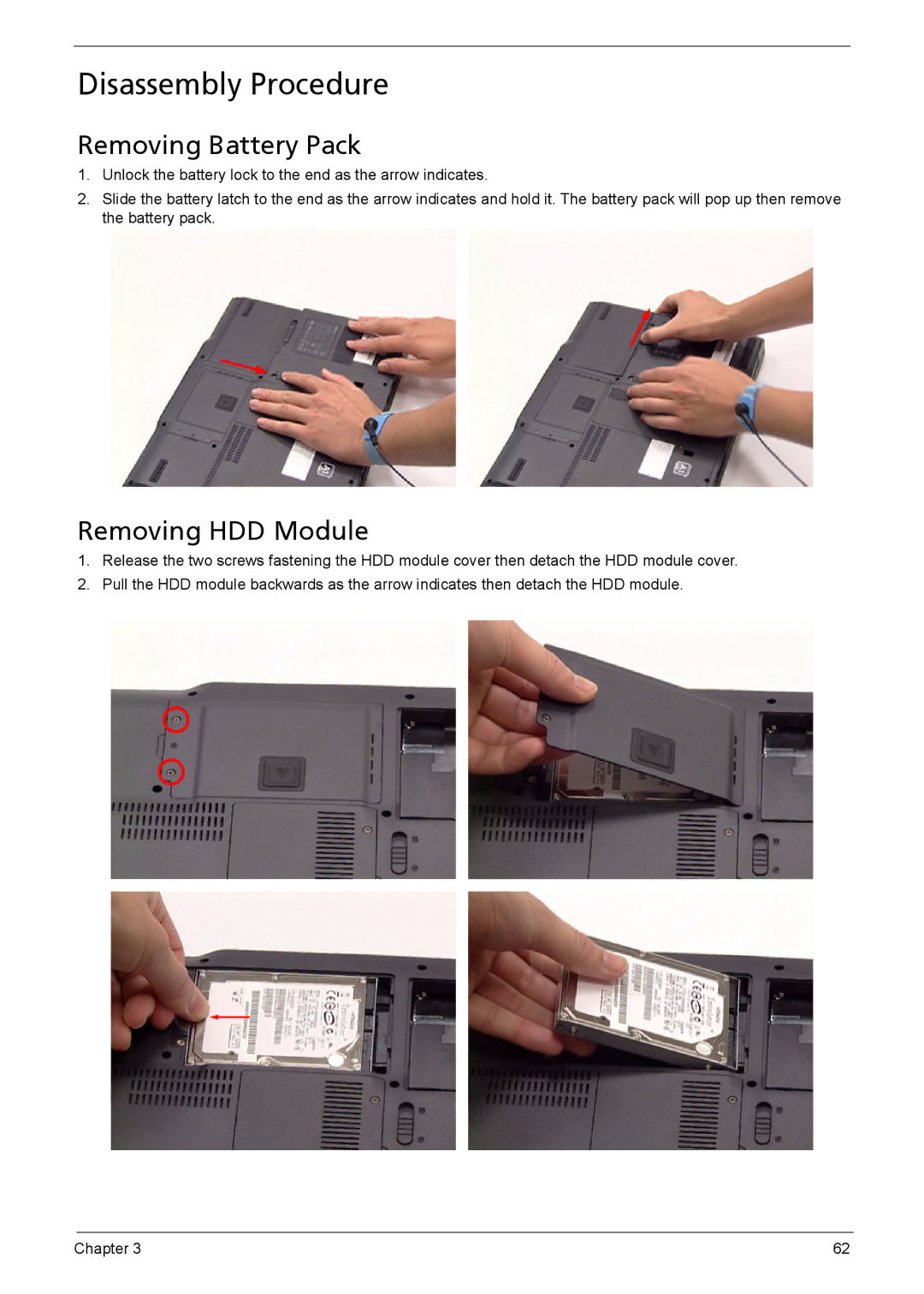 Acer 6410, 6460 manual Disassembly Procedure, Removing Battery Pack, Removing HDD Module 