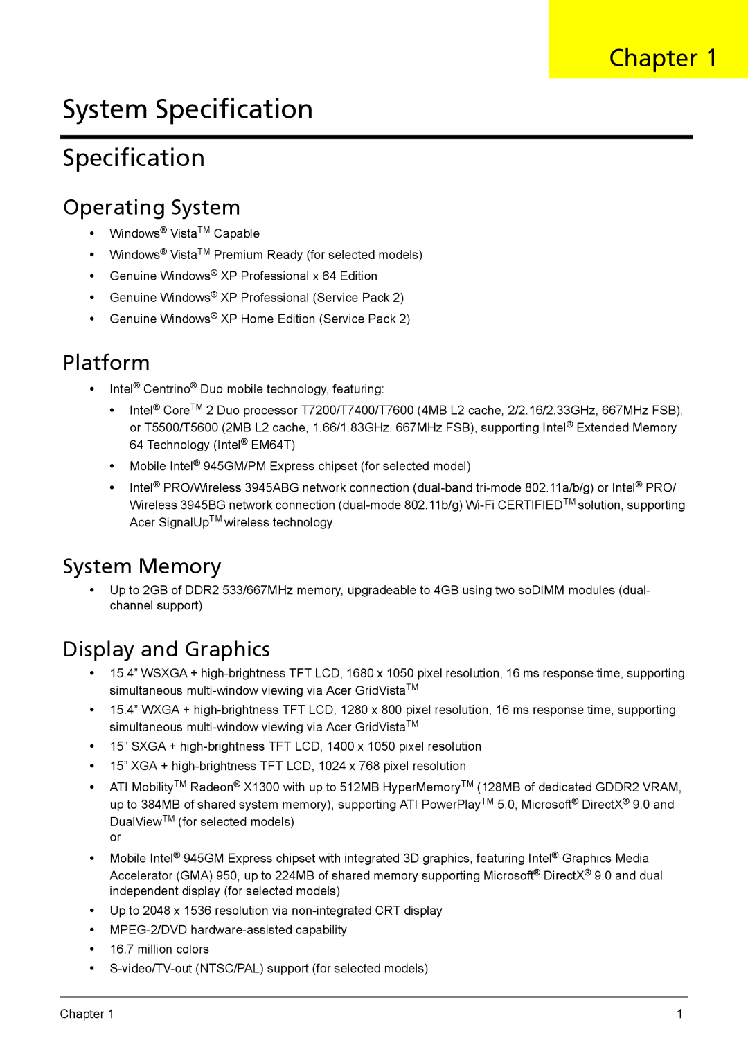 Acer 6460, 6410 manual Chapter, Specification 