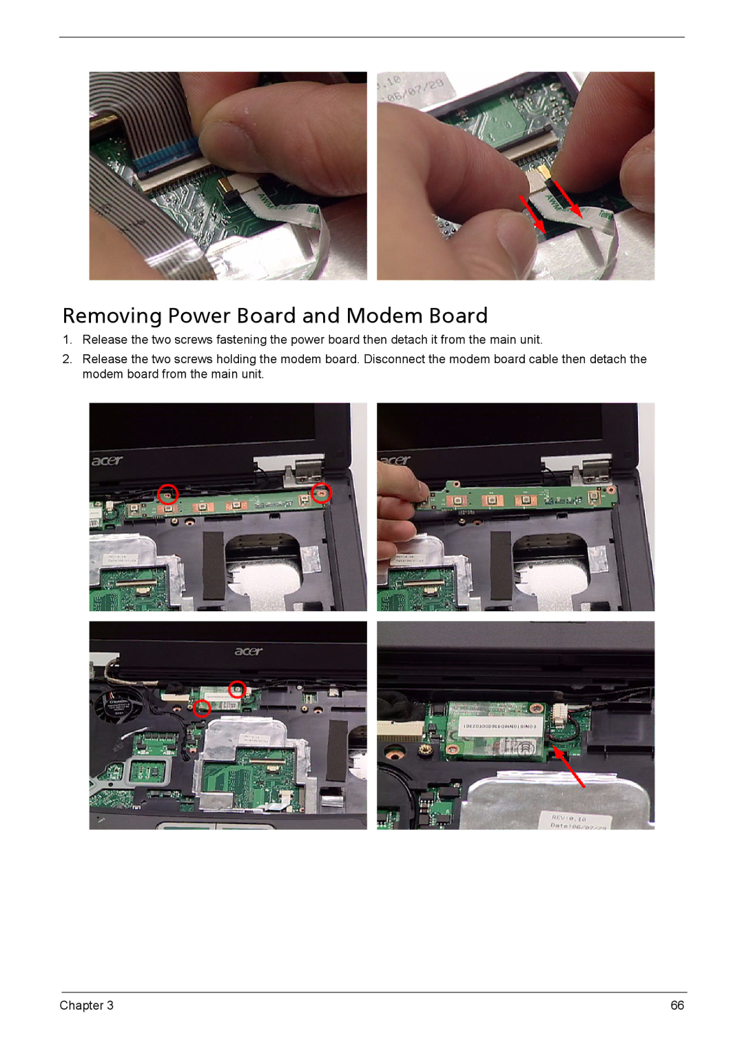 Acer 6410, 6460 manual Removing Power Board and Modem Board 