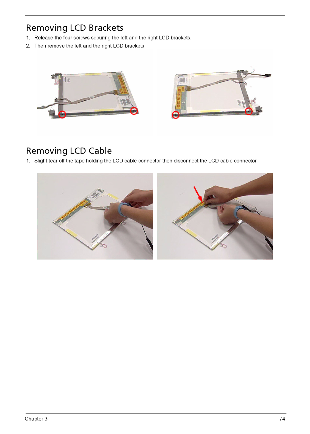 Acer 6410, 6460 manual Removing LCD Brackets, Removing LCD Cable 