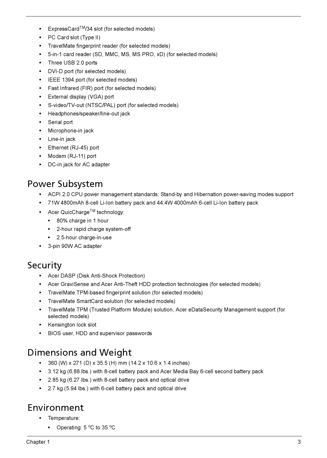 Acer 6460, 6410 manual Power Subsystem, Security, Dimensions and Weight, Environment 