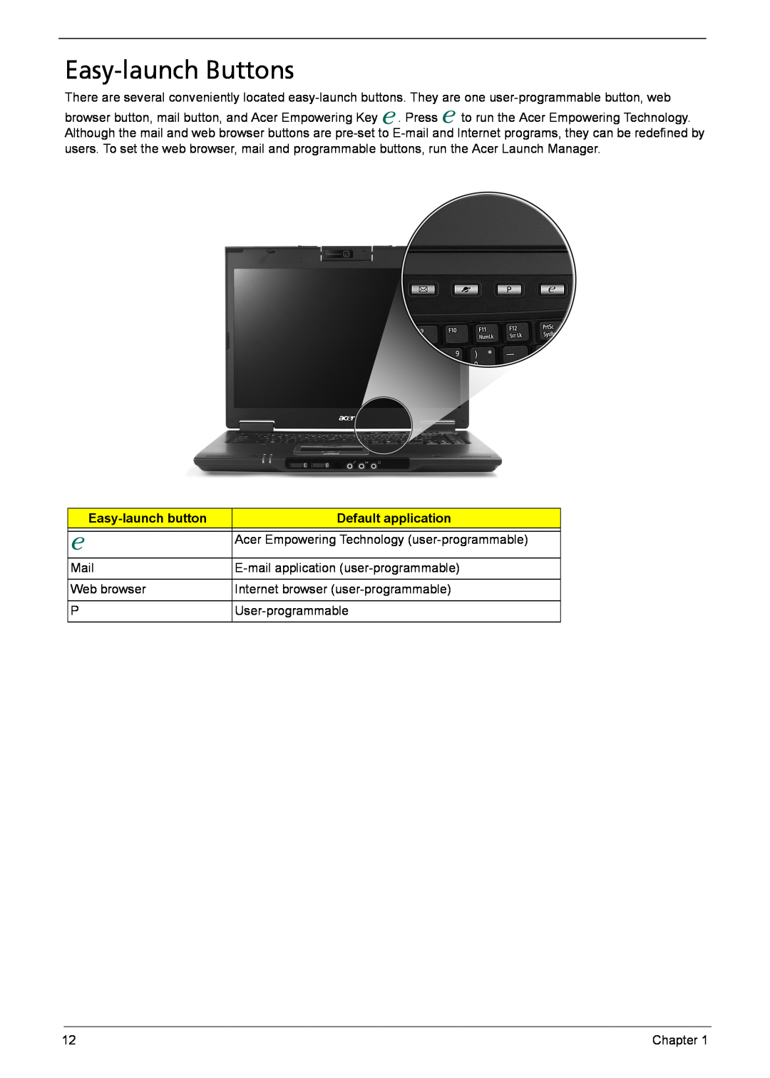 Acer 6410, 6460 manual Easy-launch Buttons, Easy-launch button, Default application 