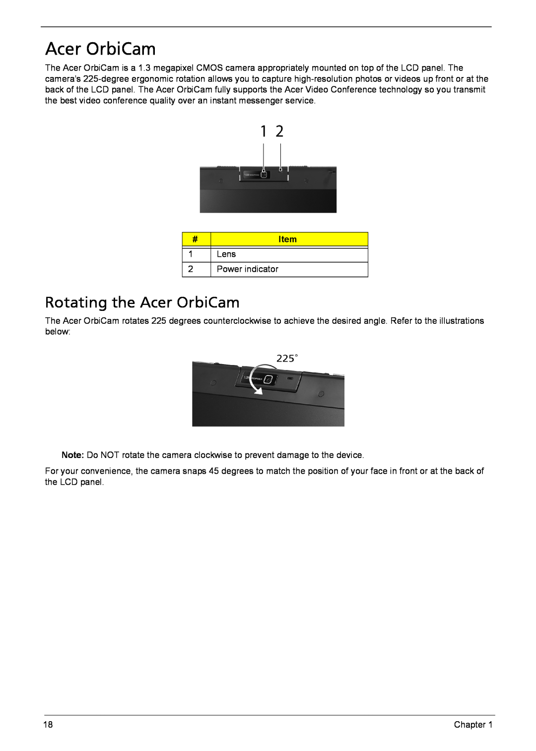 Acer 6410, 6460 manual Rotating the Acer OrbiCam 