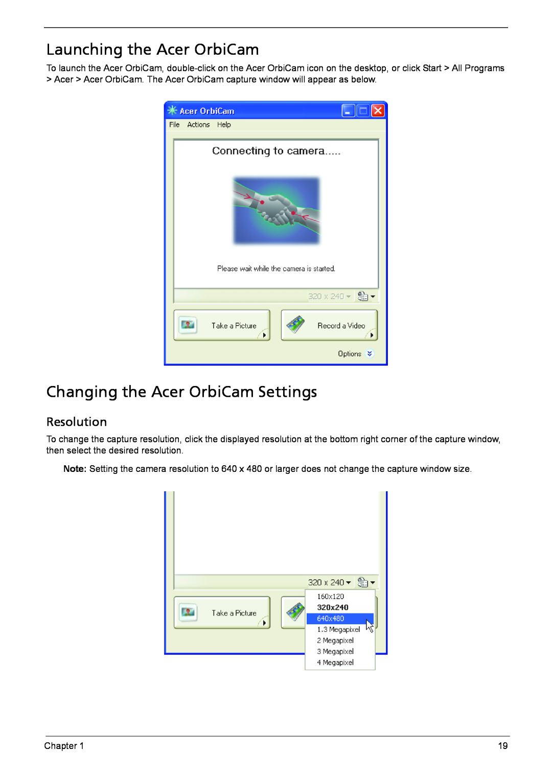 Acer 6460, 6410 manual Launching the Acer OrbiCam, Changing the Acer OrbiCam Settings, Resolution 