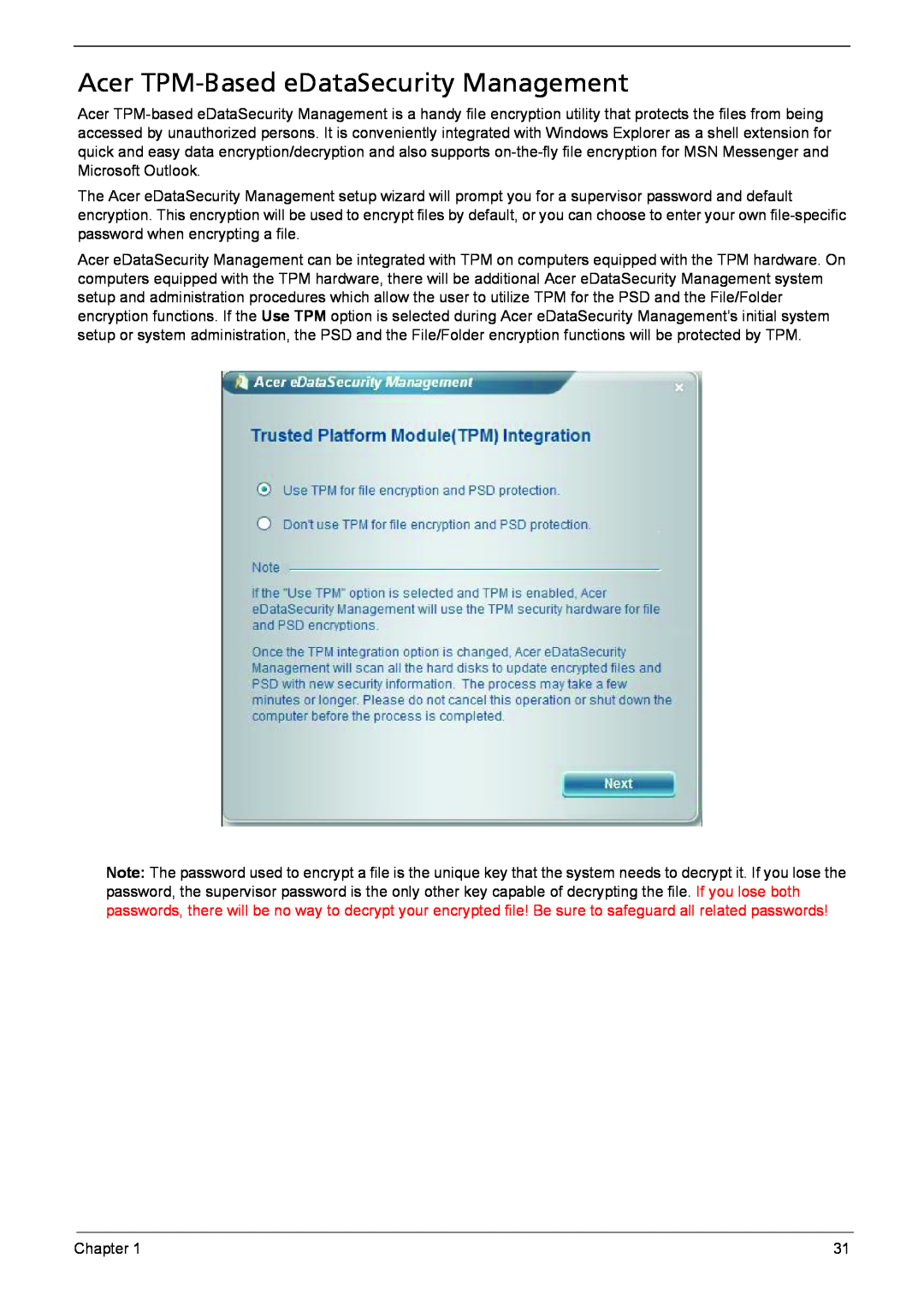 Acer 6460, 6410 manual Acer TPM-Based eDataSecurity Management 