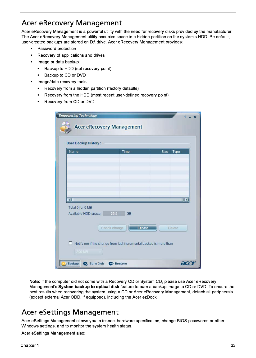 Acer 6460, 6410 manual Acer eRecovery Management, Acer eSettings Management 