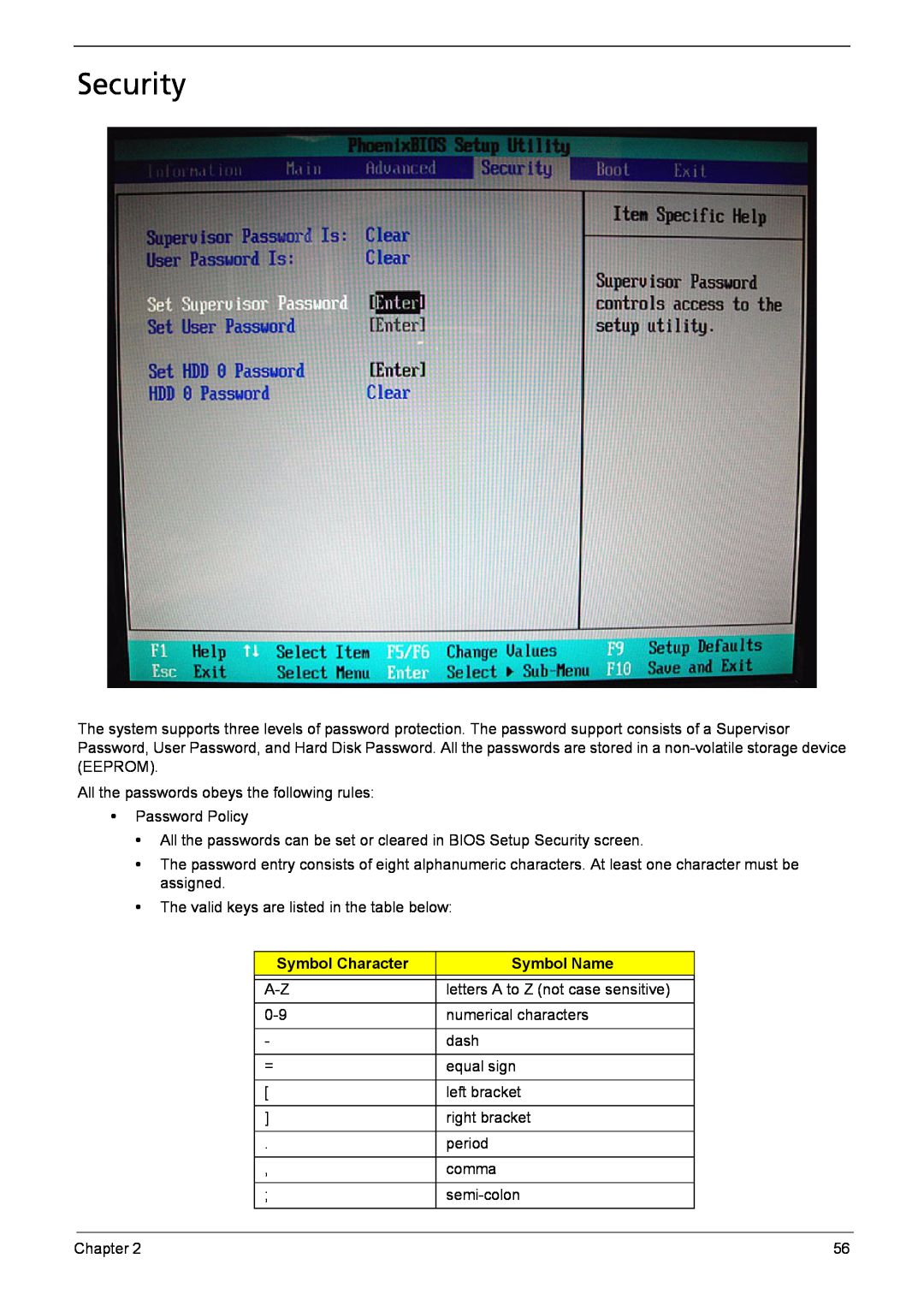 Acer 6410, 6460 manual Security, Symbol Character, Symbol Name 