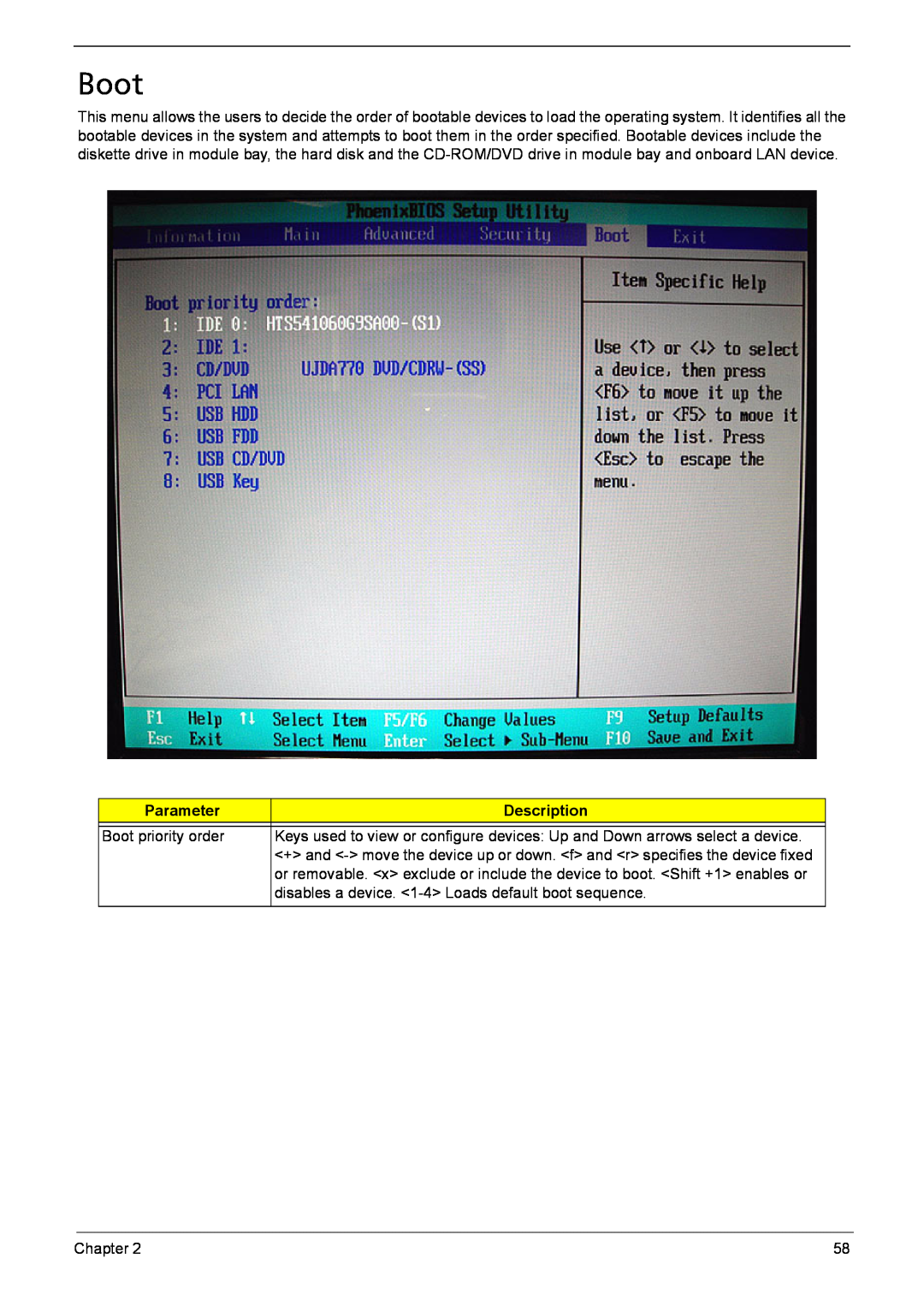 Acer 6410, 6460 manual Boot, Parameter, Description 