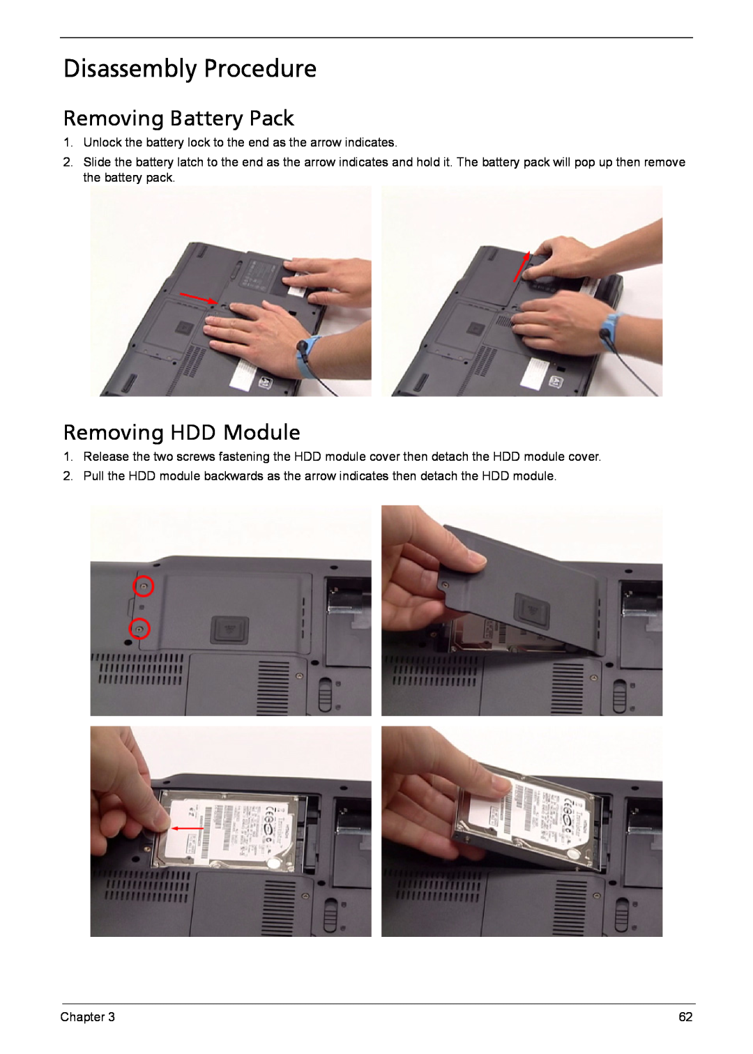Acer 6410, 6460 manual Disassembly Procedure, Removing Battery Pack, Removing HDD Module 