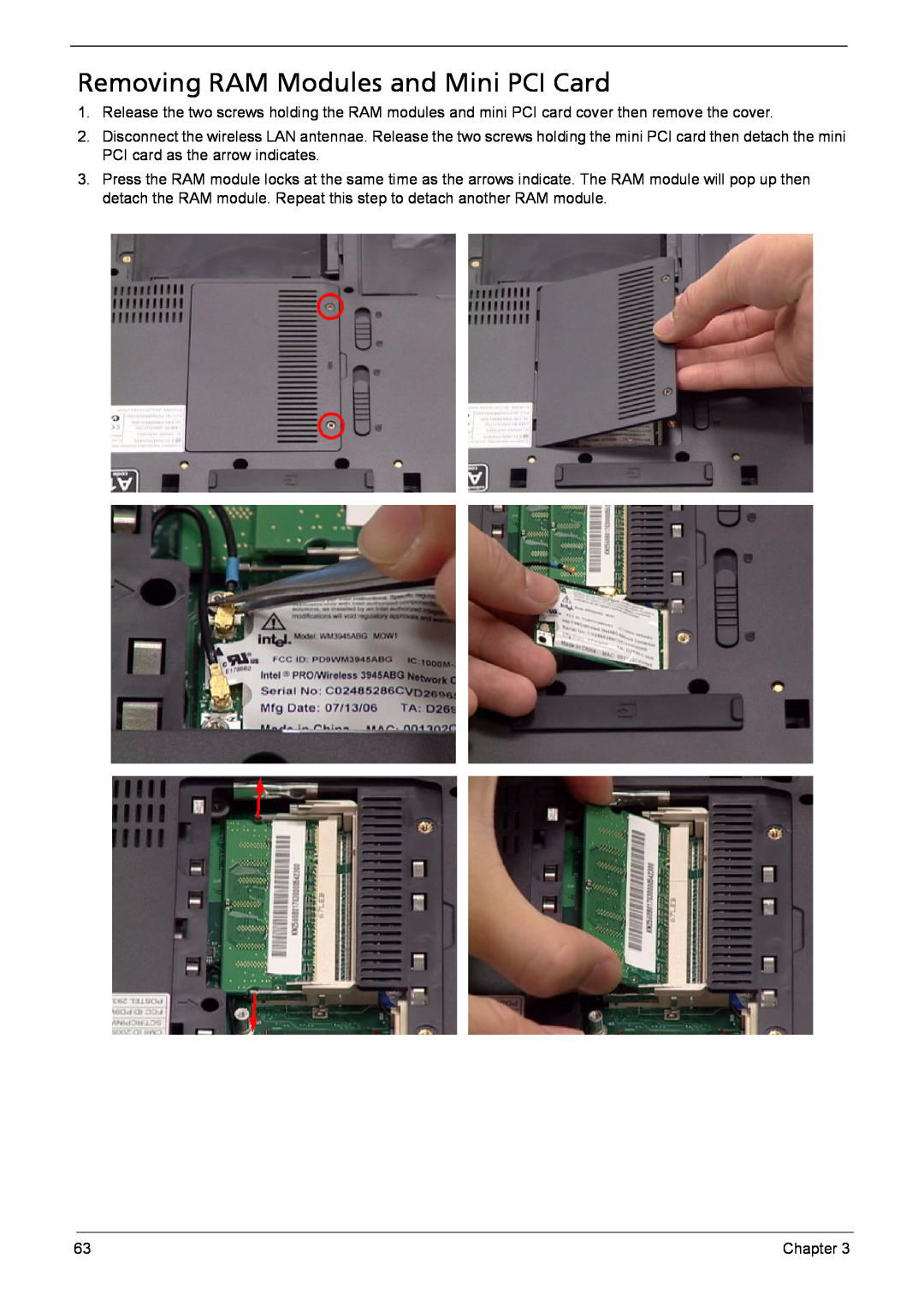 Acer 6460, 6410 manual Removing RAM Modules and Mini PCI Card 