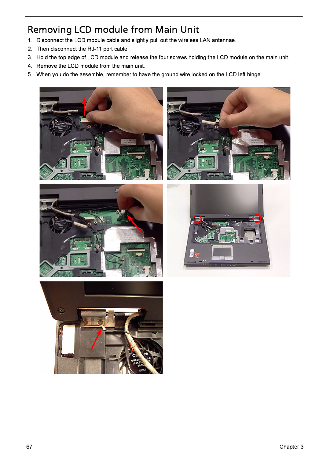 Acer 6460, 6410 manual Removing LCD module from Main Unit 