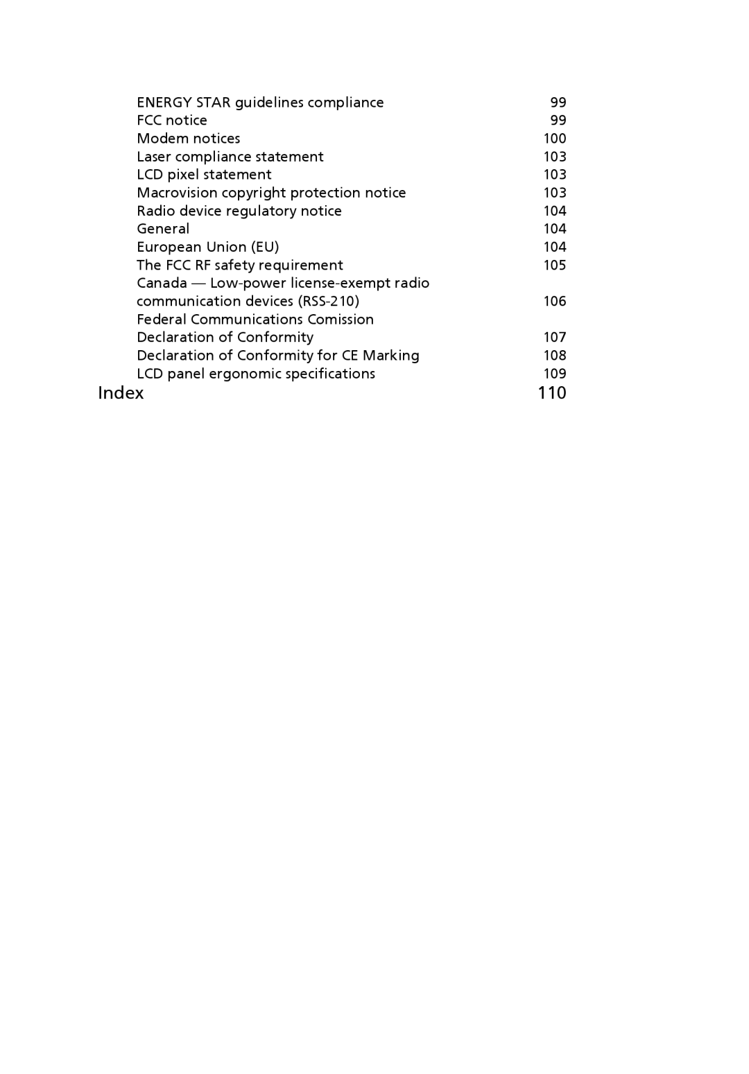 Acer 6460 Series, 6410 Series manual Index 110 